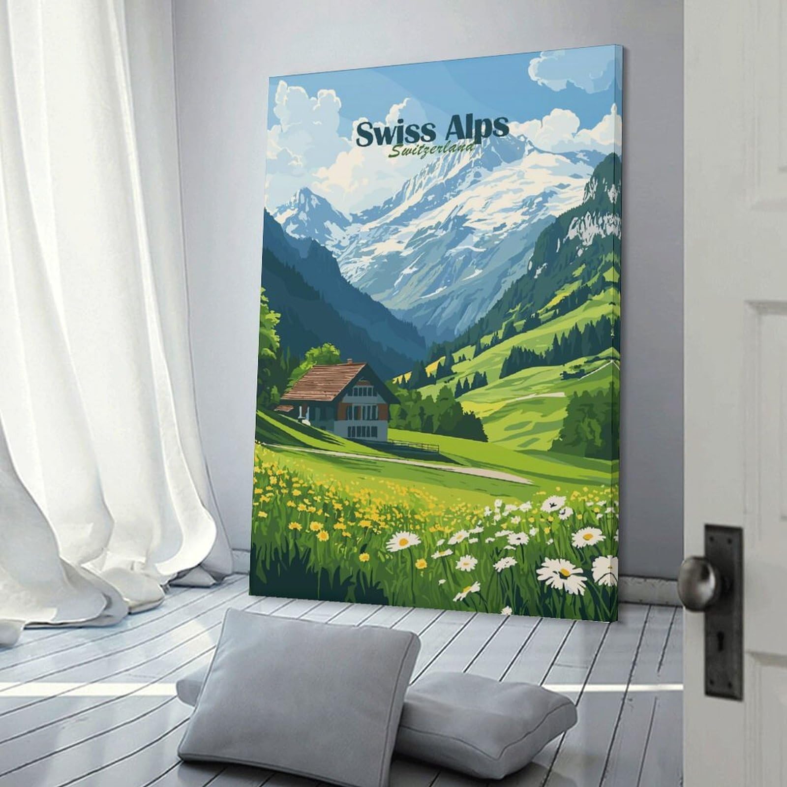 Junmoney Frame-Style-4 Swiss Alps Landscape Wall Picture Print, 24X36inch(60X90cm), For Wall Displays, Bedrooms Or Room Updates, Decorative Artwork With Flexible Styling