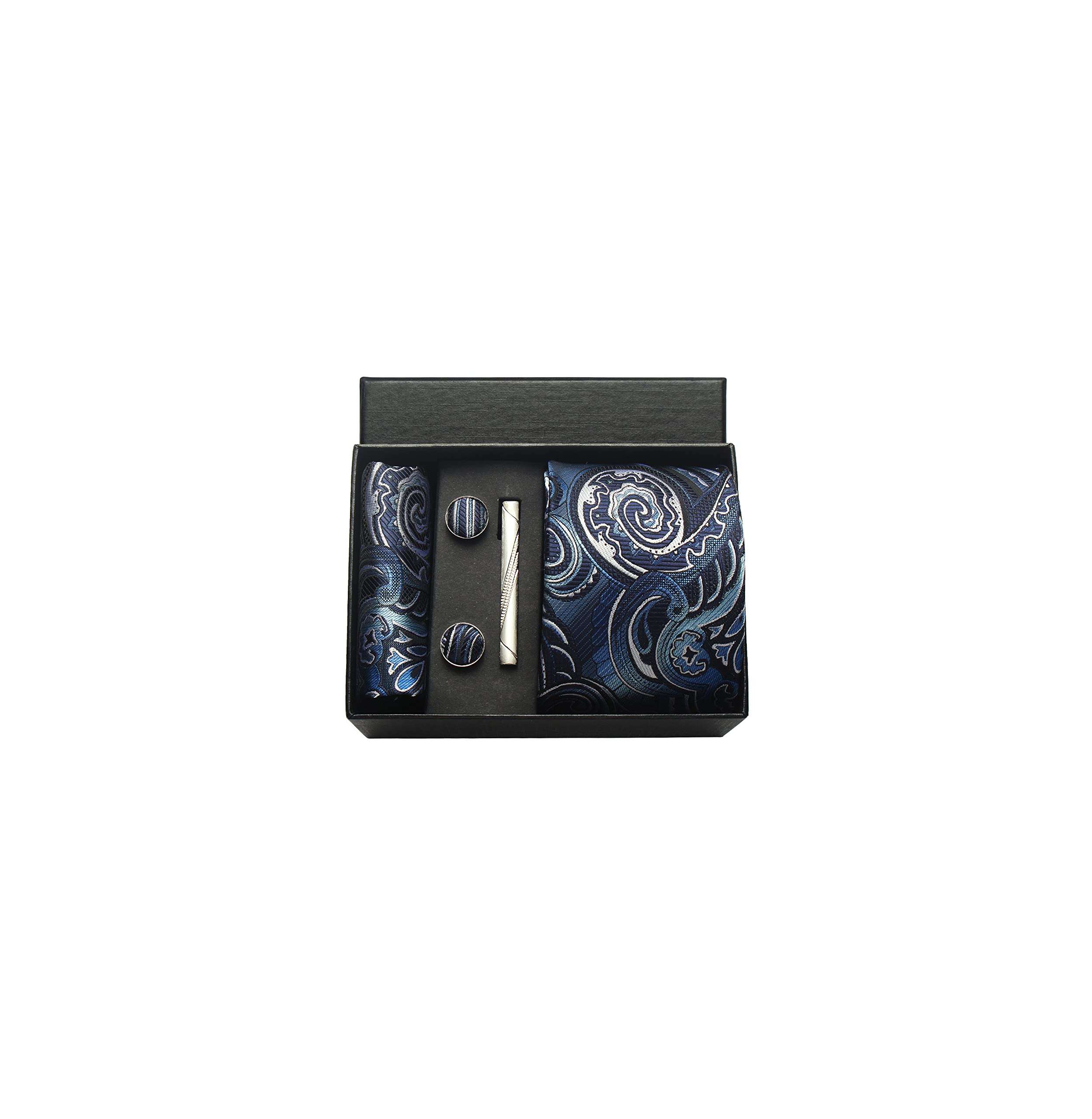 CWKOON Paisley Floral Mens Tie Formal Necktie Pocket Squares Ties Clips Cufflinks Classic for Men Set, White Blue, One Size