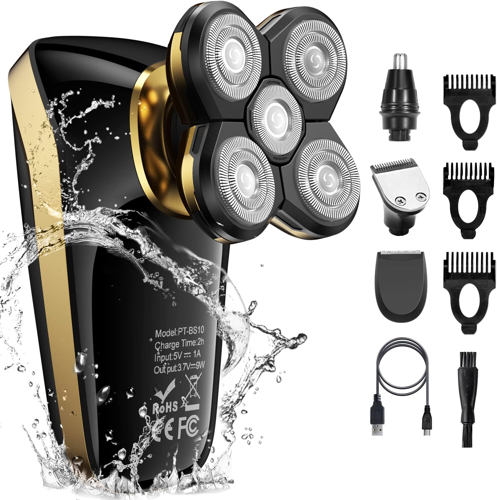 Bald Head Shaver, ATEEN Mens Head Shaver Wet & Dry Electric Razor Rechargeable Cordless 5 in 1 Hair Rotary Shavers Grooming Kit (Gold)