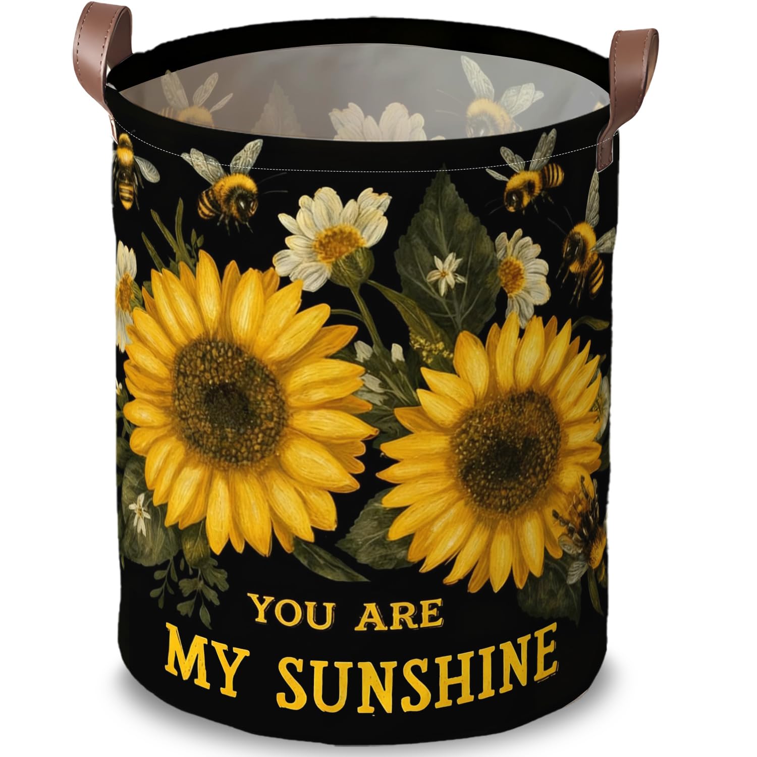 Sunflower Bee Laundry Basket, Laundry Hamper, Leather Handles, 15.75x19.7in