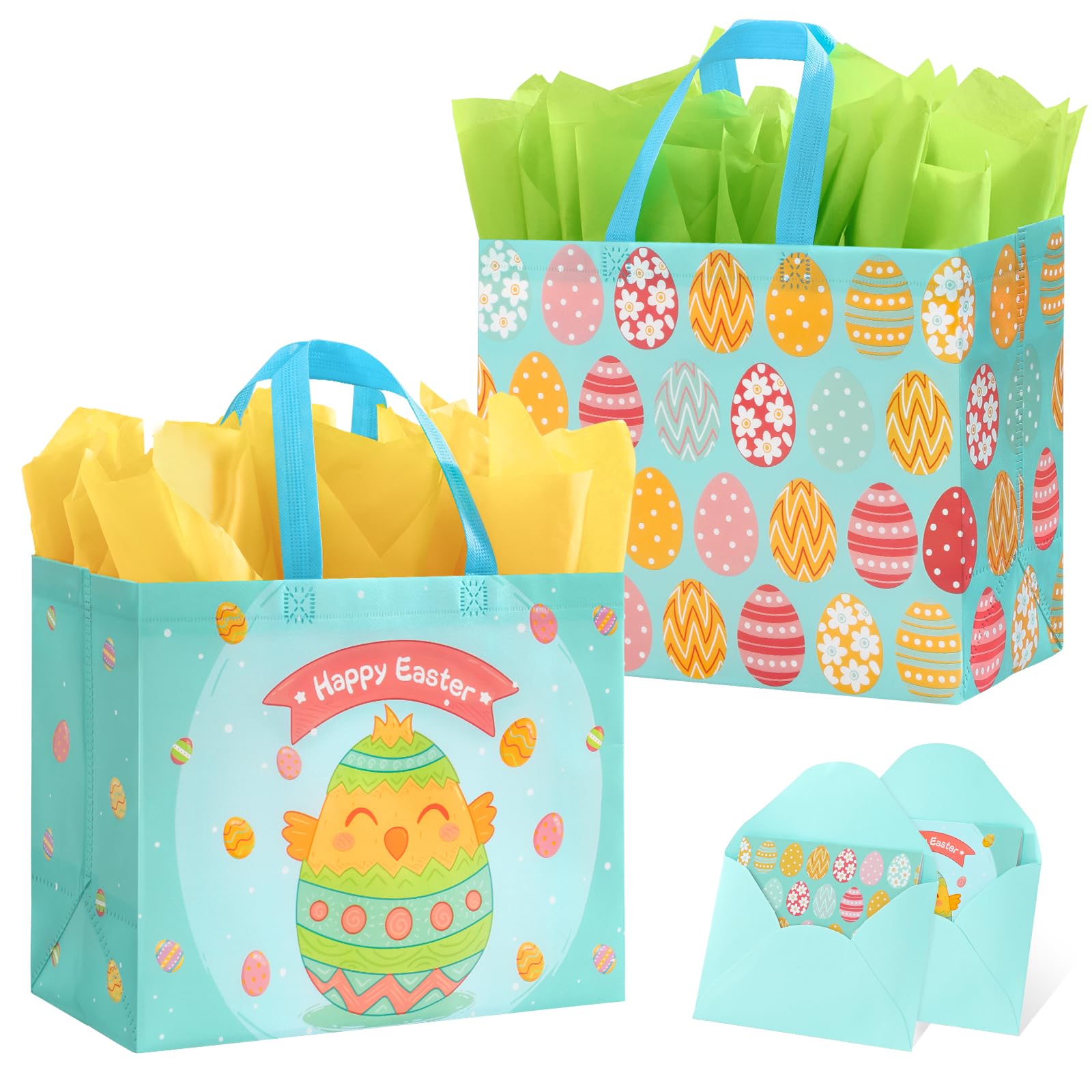 STYPOP2 Pack 13" Large Easter Gift Bags with Tissue Paper, Reusable Non-Woven Easter Bags with Handles for Kids Egg Hunts/Party Favor Supplies, 12.8"*10.2"*6.3"