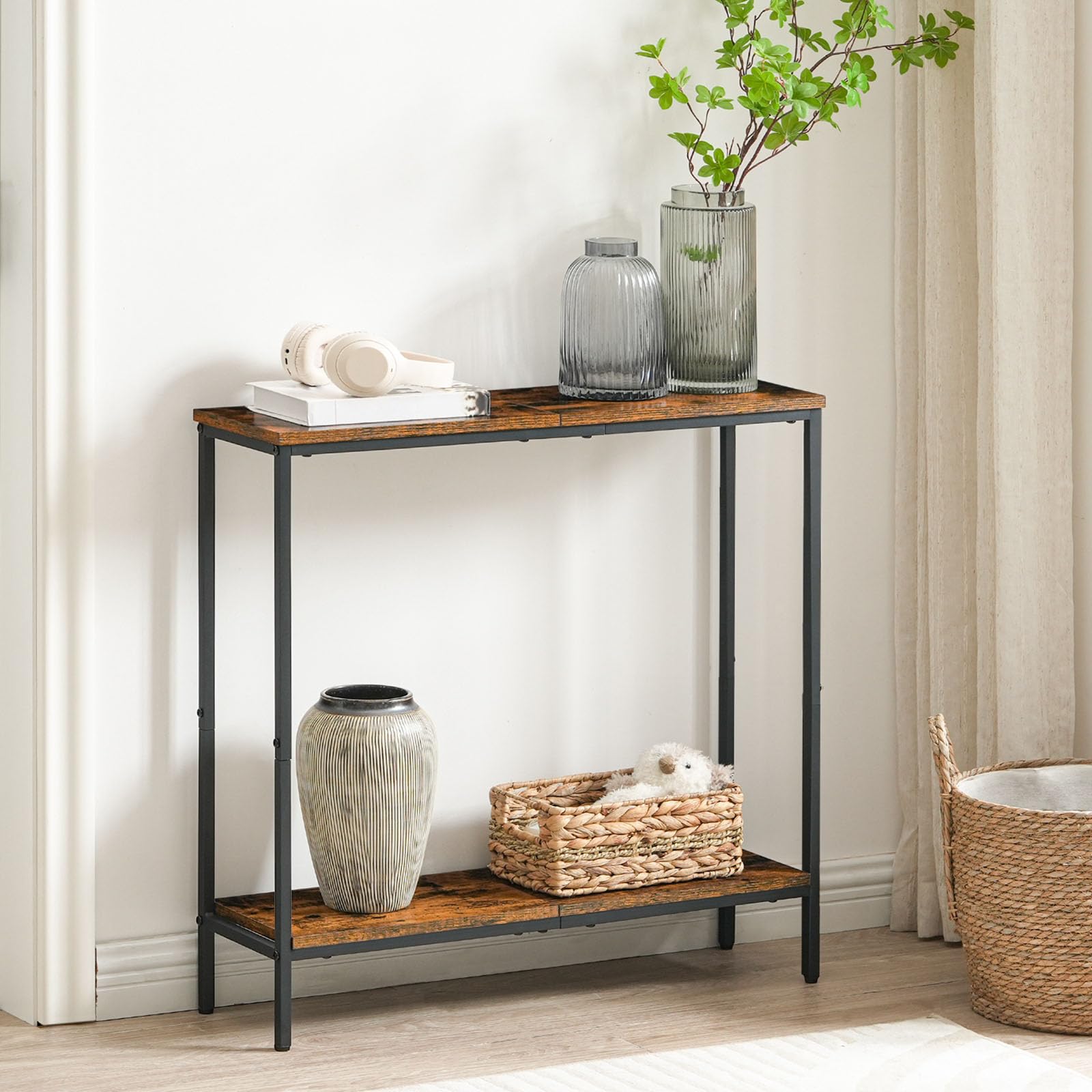 HOOBRO mesa Consola Estrecha con Estante, Mesa Auxiliar 75 x 22 x 75 cm, Pasillo, Exposición, Sofá, Habitaciones Pequeñas, Entrada, Marrón Vintage EBF22XG01