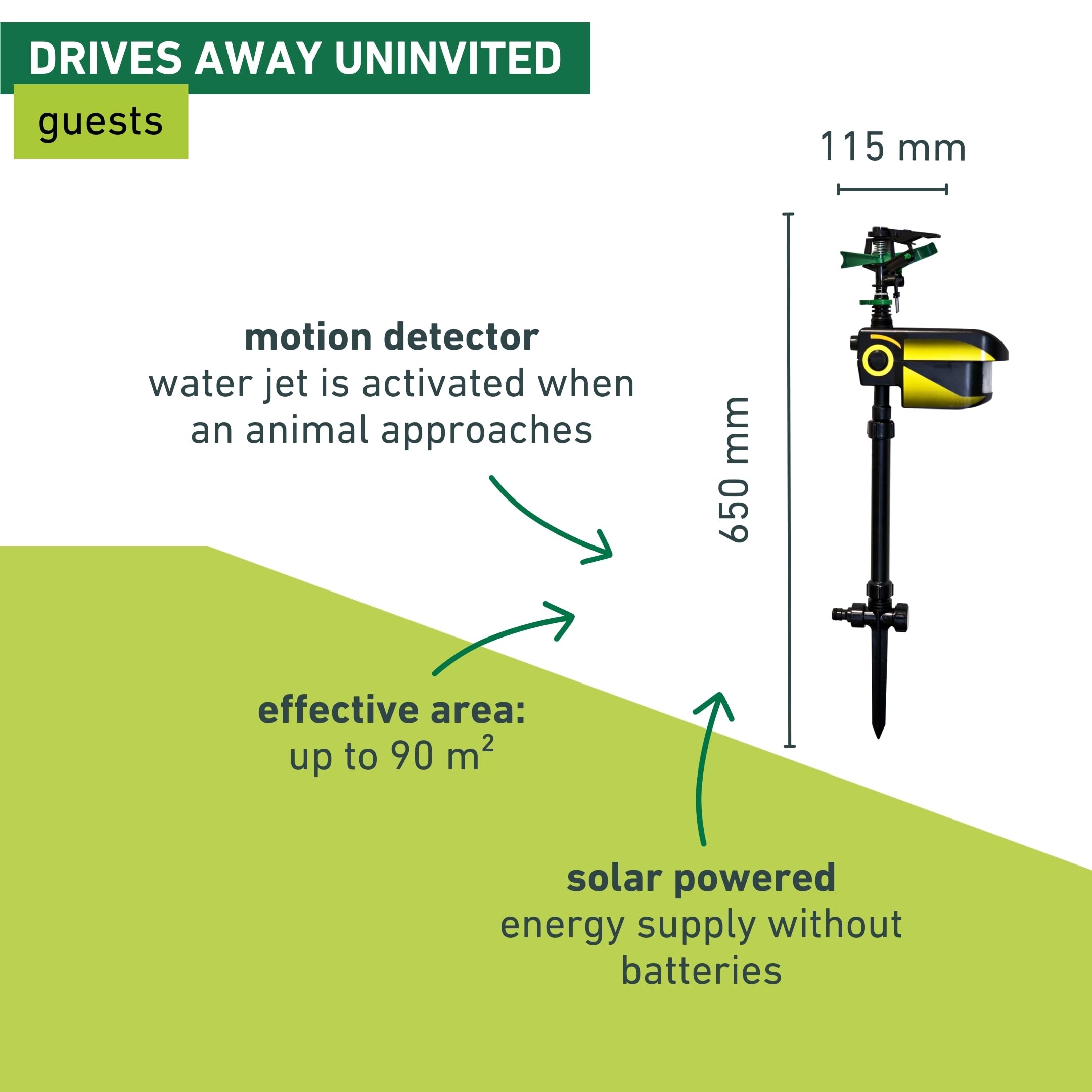 Windhager Odstraszacz zwierząt Water Guard SOLAR strumień wody dla psów, kotów, kun, szopów praczy, dzikich zwierząt, zasilany energią słoneczną, do 90 m², 05046