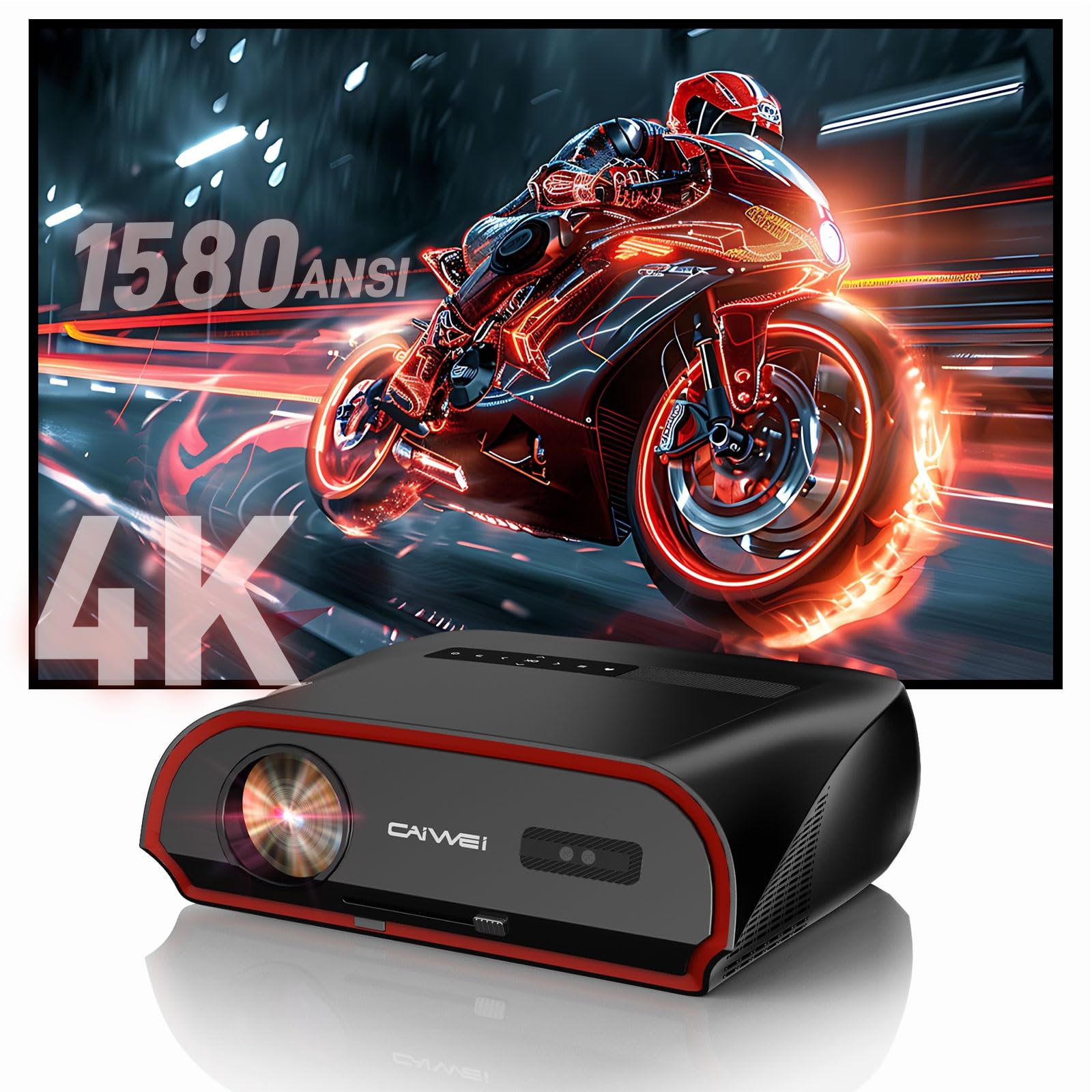 Ultra Bright 1580ANSI Lumens Smart Projector, NFC Casting Wireless, WiFi 6, 4K-Decoding HDR10+, Android TV, Two-Way Bluetooth, DSP Stereo, Daylight Home Theater/ Low Latency Gaming/ Backyard Movie