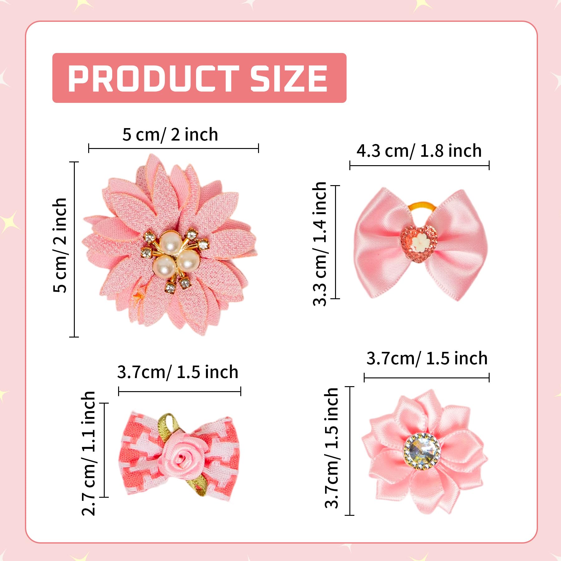 RAORAOYUE 20pcs Light Pink Small Dog Hair Bows, Bulk With Rubber Bands Elastic Lace Rhinestone Pearls Hair Ties - Image 2