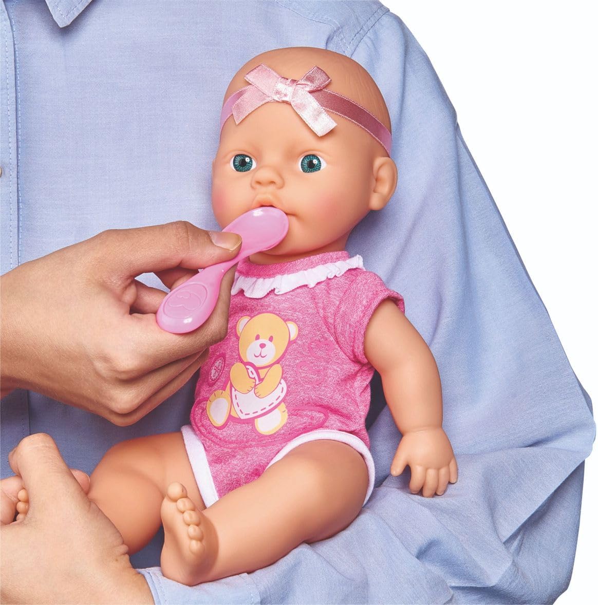 Simba New Born Baby Cute Baby Doll – Baby Doll with Drinking and Wetting Function, incl Bottle and Potty, Soft Body Doll with Romper and Hat, 30 cm, from 3 Years