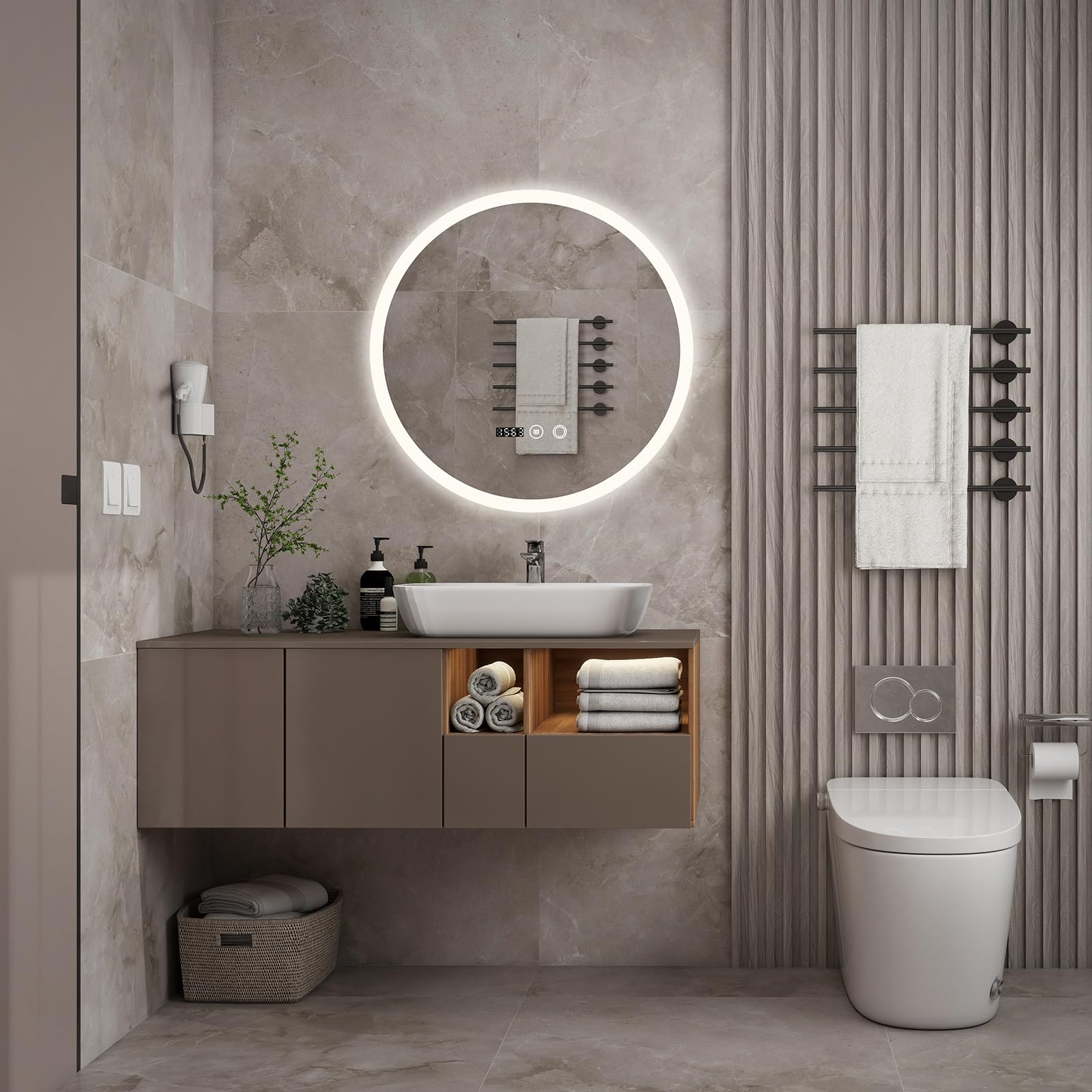 YU YUSING Badspiegel LED Rund Badezimmerspiegel mit Beleuchtung 50x50cm | 3 Lichtfarbe Einstellbare, Wandspiegel mit Touch-Schalter Spiegel Badezimmer Anti-Beschlag Timer-funcktion IP44