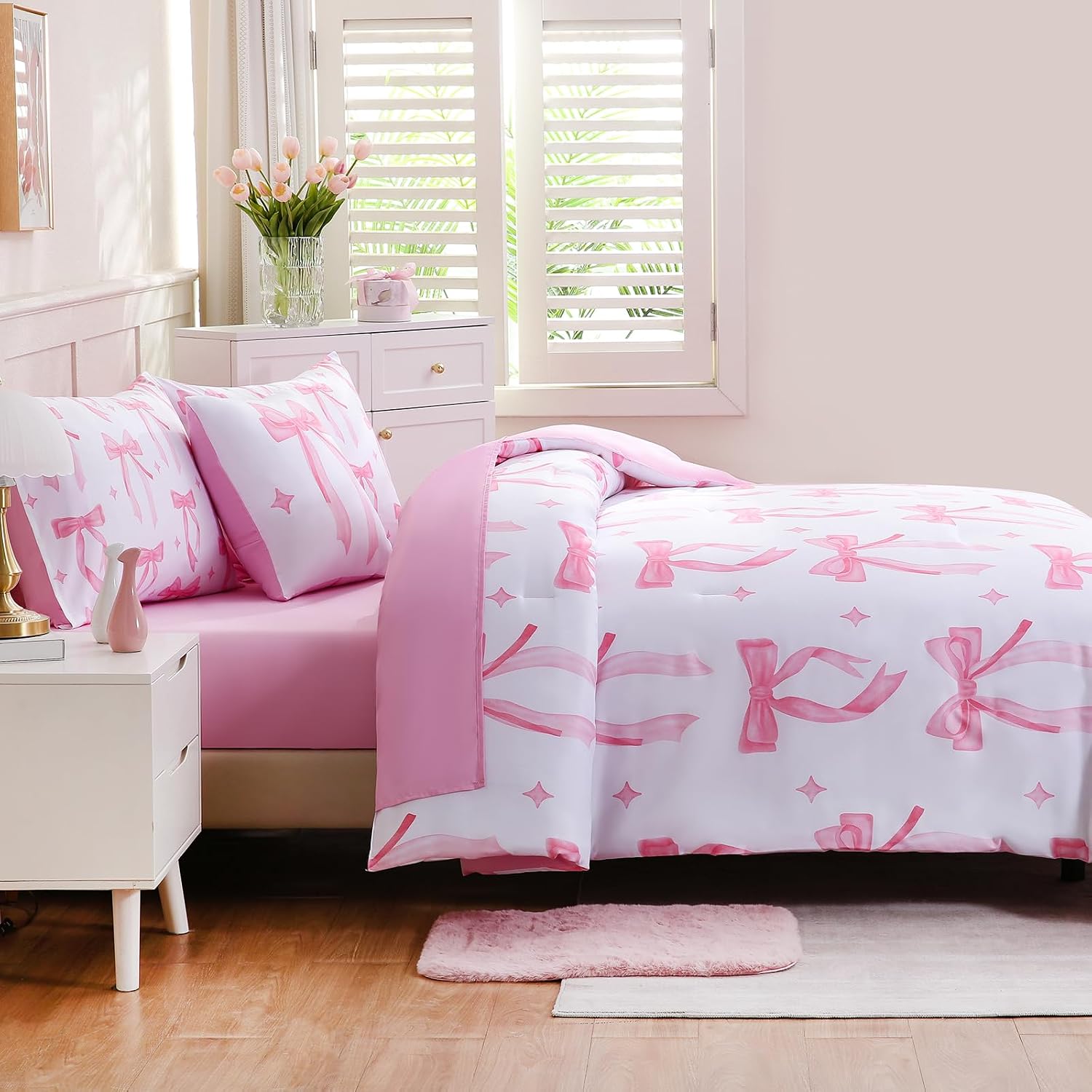 DORCAS Bow Full Size Comforter Set for Girls,6 Pieces Bed in A Bag Pink Bow Bedding Sets with Sheets for Kids