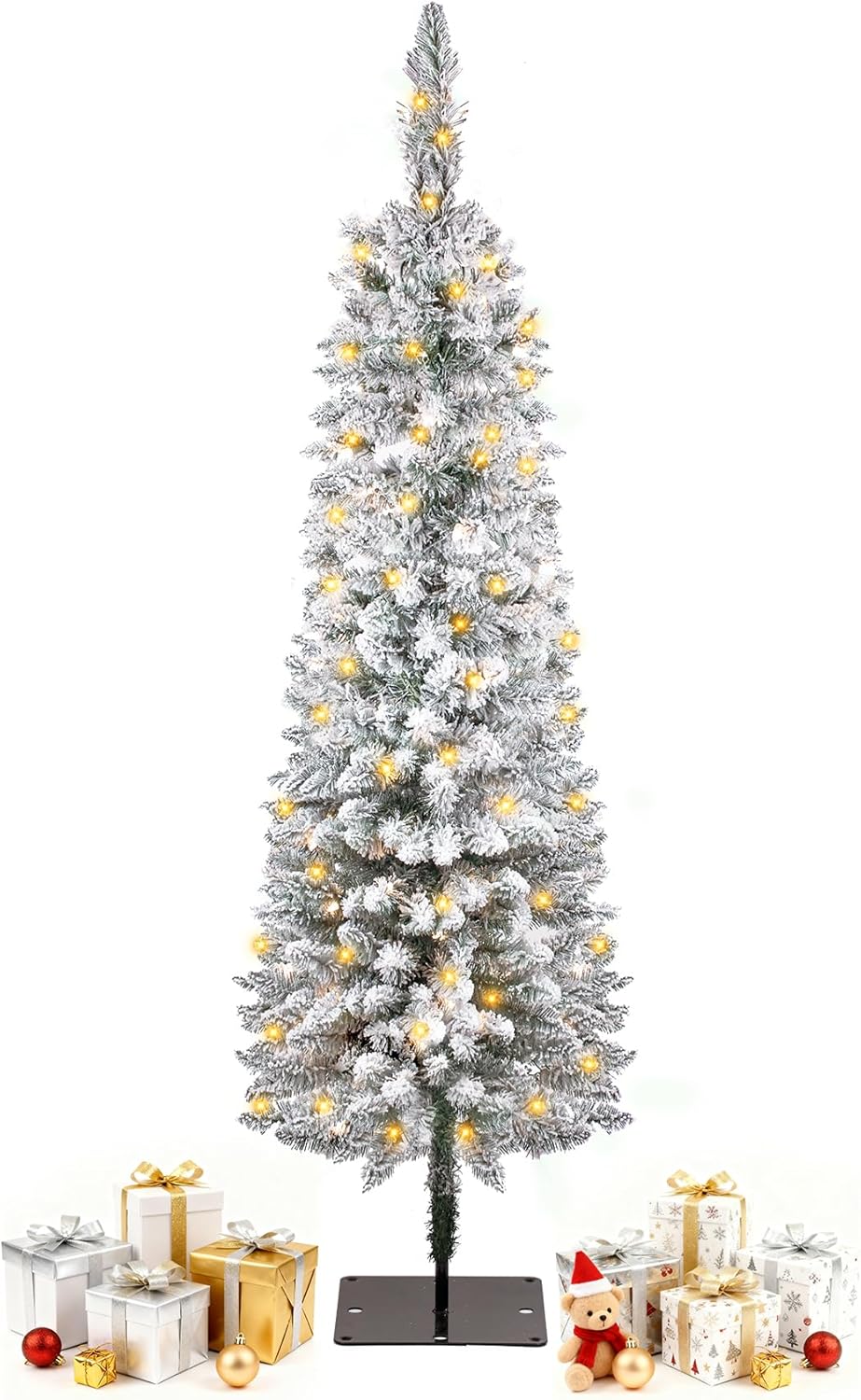 6FT Prelit Pencil Christmas Tree, Snow Flocked Skinny Artificial Christmas Trees, Slim Snowy Xmas Tree with Warm White Lights, Holiday Decoration for Indoor Small Places