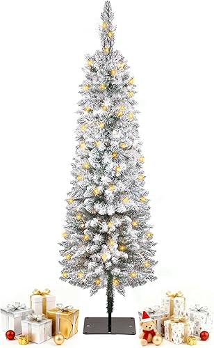Árbol de Navidad Delgado Preencendido de 4 Pies con Luces, Árbol de Navidad Artificial Estrecho con Nieve Artificial, Árbol Navideño Delgado con