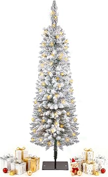4FT Pre-Lit Pencil Christmas Tree with Lights, Snow Flocked Skinny Artificial Christmas Tree, Slim Snowy Xmas Tree with Warm White Lights, Holiday Decoration for Indoor