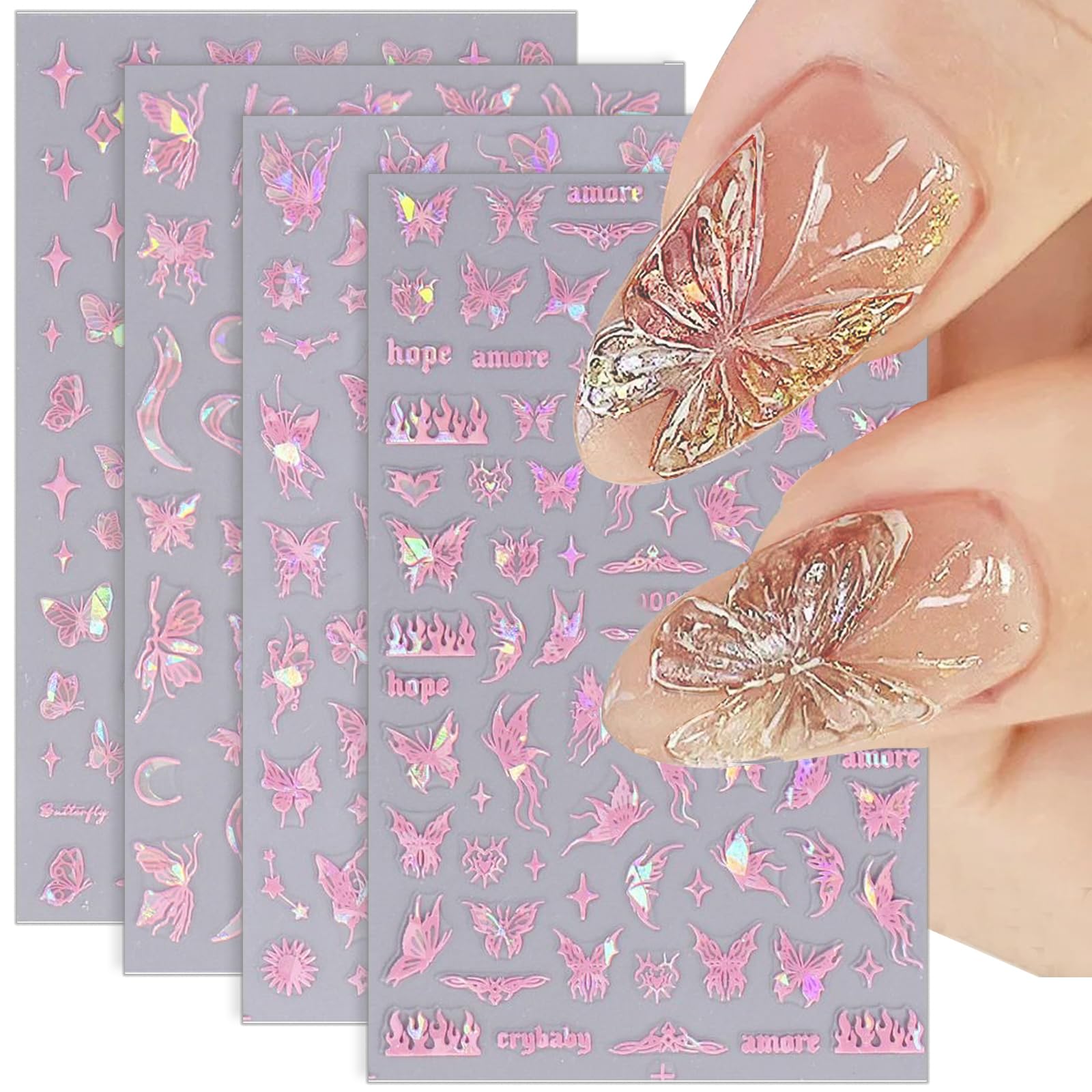 Aurora Pink Butterfly Nail Stickers for Women 3D Nail Art Sticker Set Laser Pink Butterfly Nail Decals Butterflies Nails Stickers for Nails Design