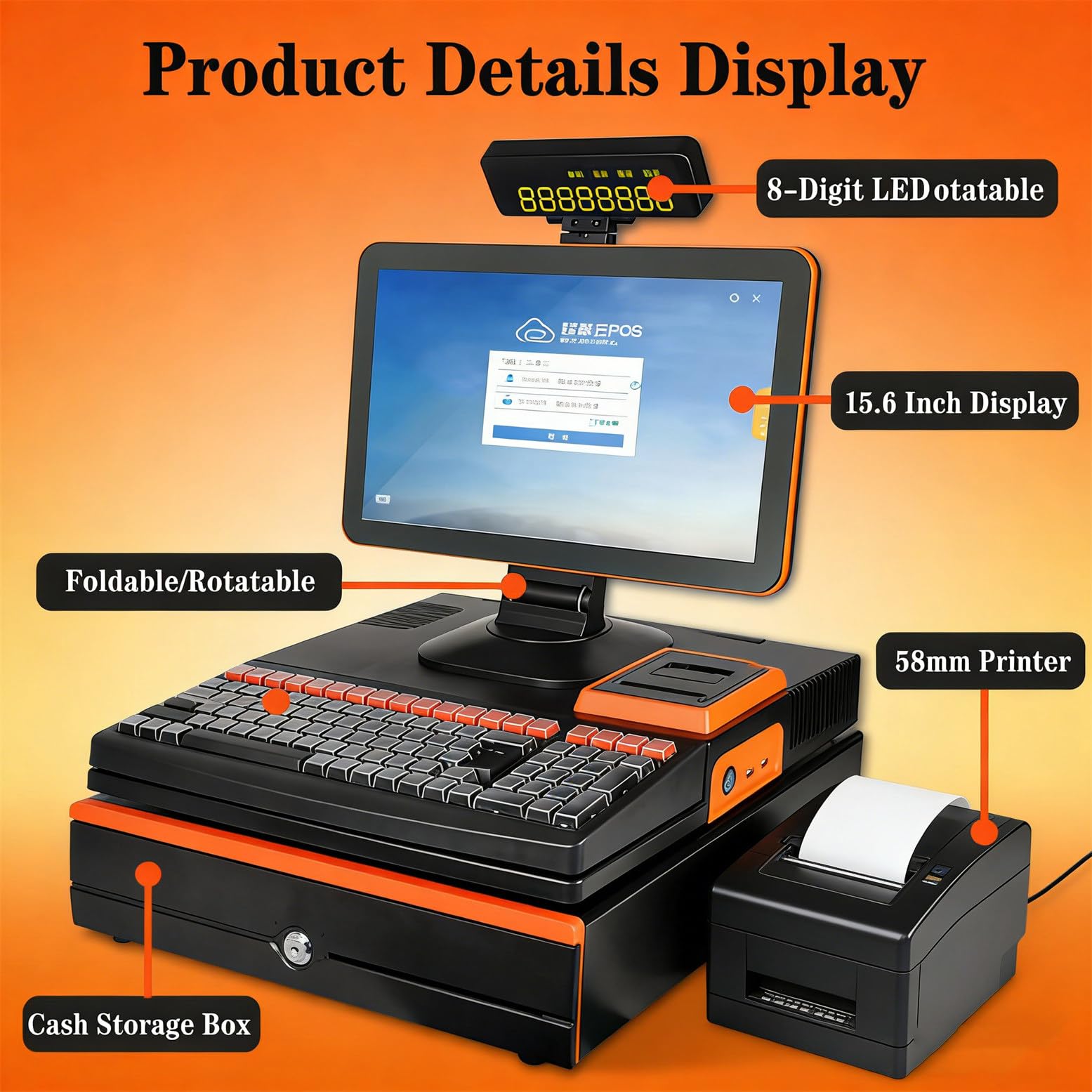 TPV para Restaurante con Pantalla táctil de 15,6" e Impresora de Recibos/Cocina integrada de 58 mm, procesador i5, 8 GB de RAM, SSD de 128 GB