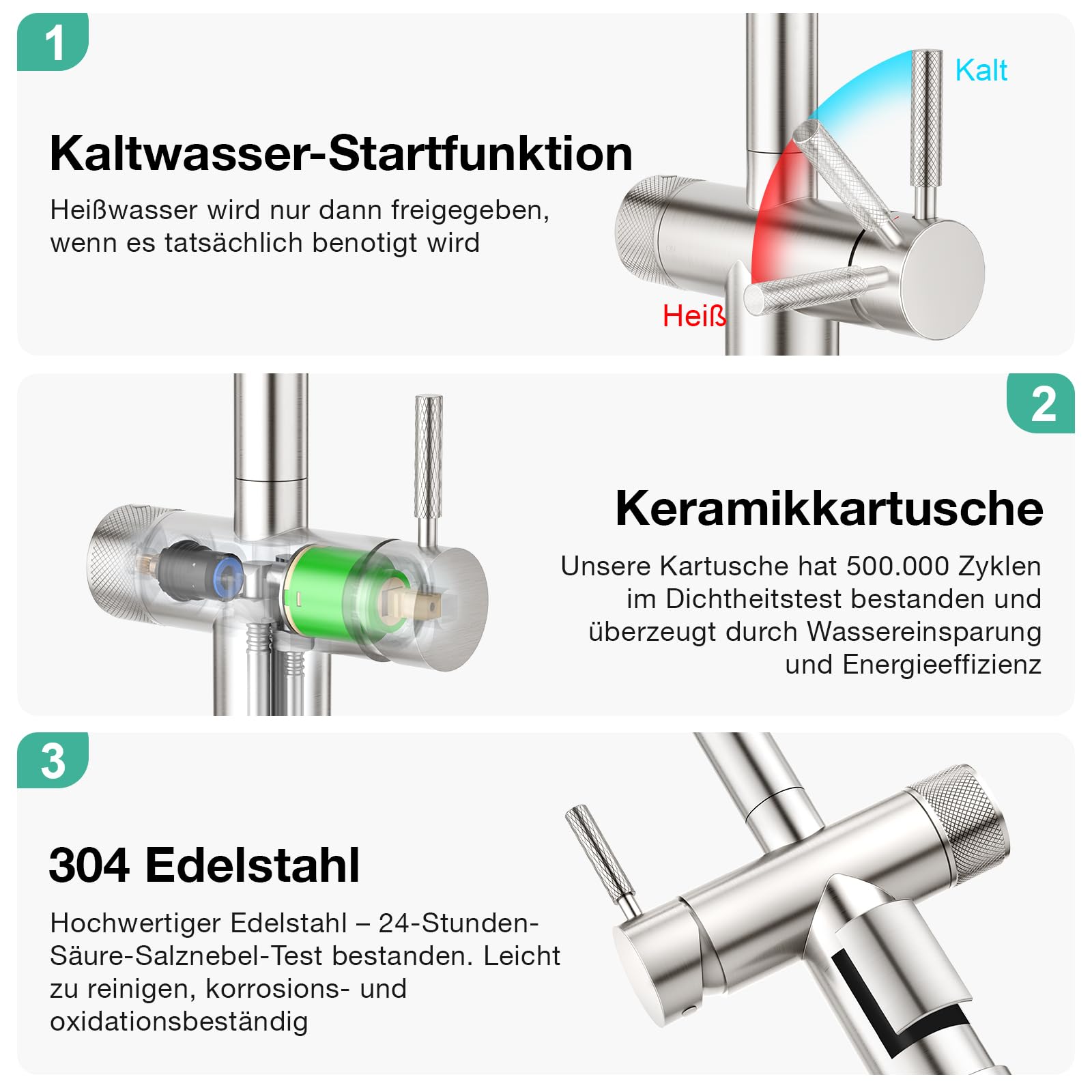 Faustina 3 Wege Küchenarmatur mit Brause ausziehbar, Doppelhebel Armatur Wasserhahn Spültischarmatur Trinkwasserhahn Küche für Osmoseanlage Umkehrosmose und Wasserfilter gebürstet
