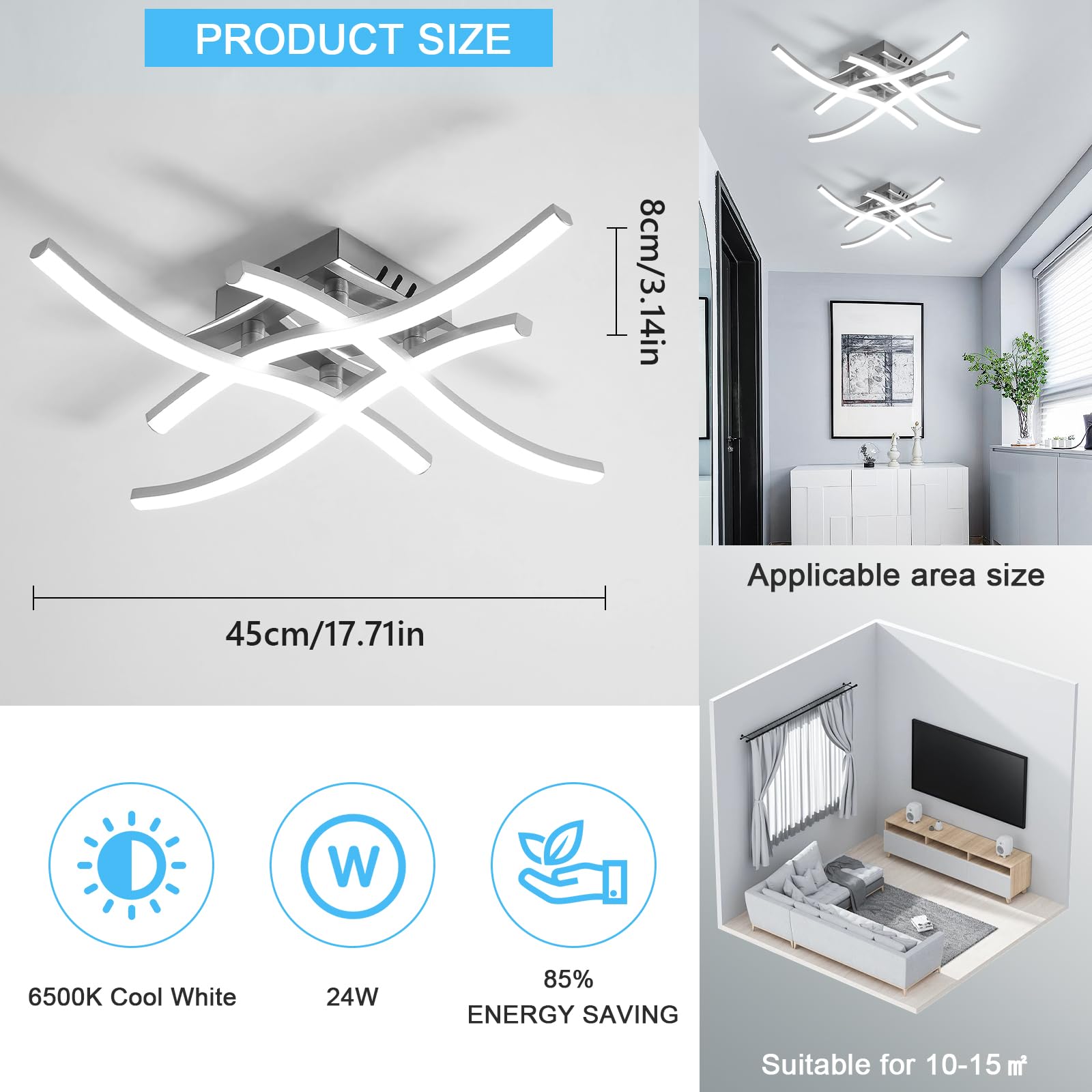 Plafoniera LED Soffitto, Grigio 24W 2700LM Bianco Freddo 6500K | Lampada da Soffitto Moderna Design, Curvo Per Cucina, Camera da Letto, Soggiorno