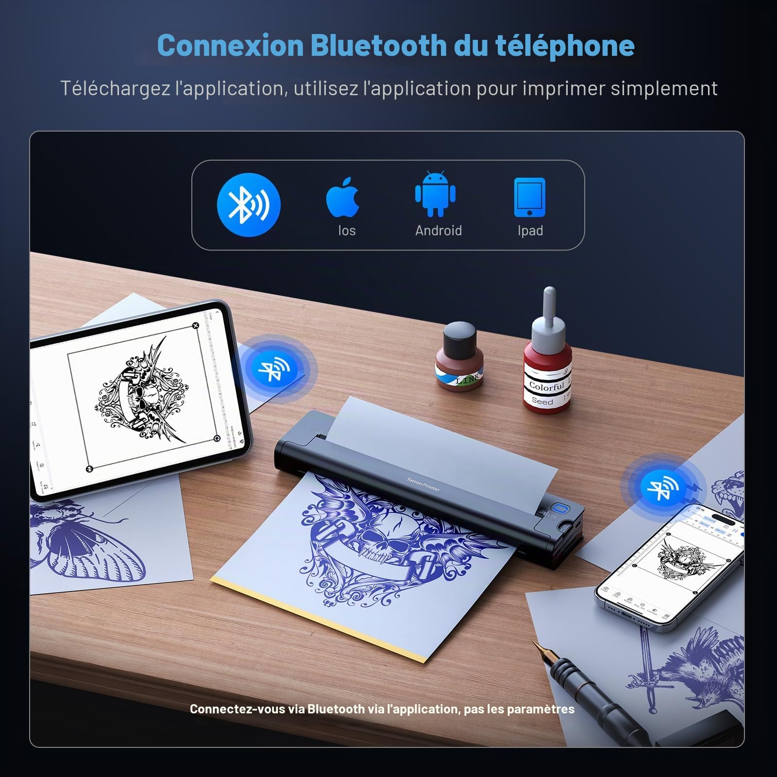 A41 Thermocopieur Tatouage Bluetooth,Machine à imprimer tatouage | Portable Sans Fil avec 10 Papiers de Tatouage pour Tatoueurs & débutants, Compatible iPad, Phone et PC