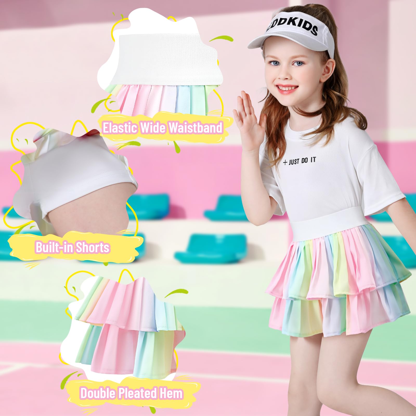 Falda de tenis para niñas con pantalones cortos, falda atlética plisada con bolsillos, cintura alta, falda de animadora para niños, Arco iris, 5-7 Años