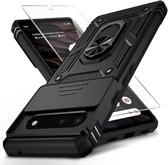 for Google Pixel 6 Case with Camera Lens Cover HD Screen Protector, 10 FT Military Grade Drop Protection, Magnetic Ring Holder Kickstand Protective Phone Case, Black