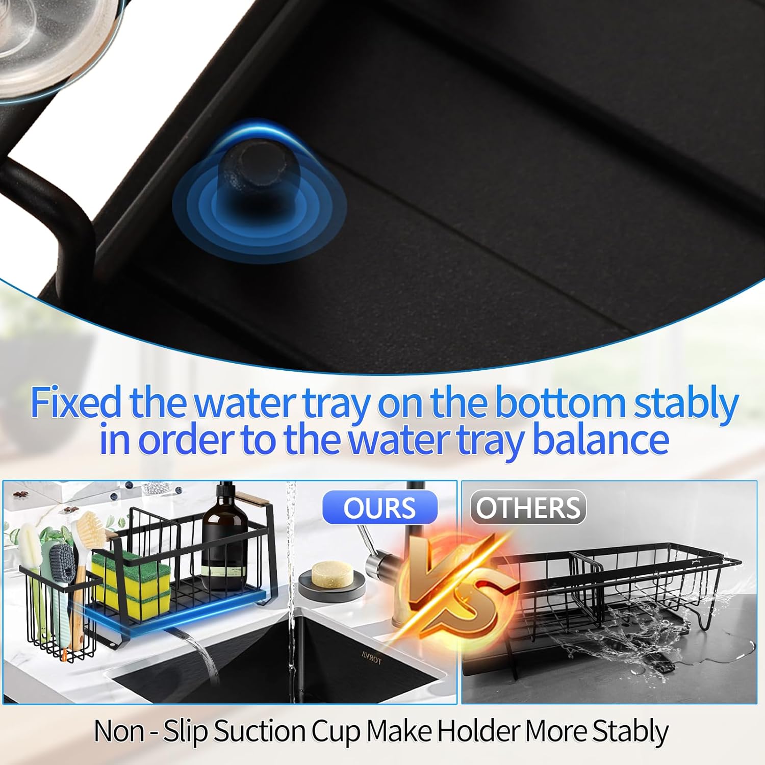 Black Sponge Holder with Wooden Handle & Self-Draining Tray, Kitchen Sponge Holder, Kitchen Sink Caddy Organizer, Kitchen Sink Sponge Rack, Sink Countertop Organizer for Sponge, Soap Dispenser Storage - Image 7