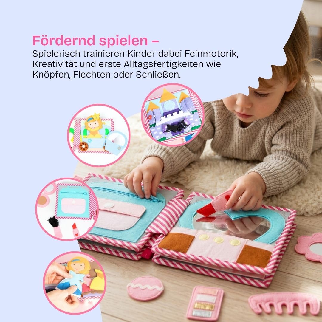 Jolly Designs Mini Quiet Book Kleine Prinzessin – Montessori Spielzeug ab 36 Monaten – Sensorisches Stoffbuch für Kinder – Handgemachtes Busy Book mit 6 Aktivitätsseiten