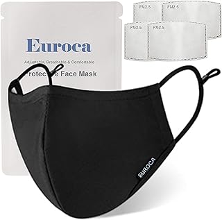 Euroca Face Masks 4 Layer Reusable Washable Adjustable Made from Cotton Fabric with Filters Nose Clips Ear Loop for Adults - 4 Filters Included (Black)