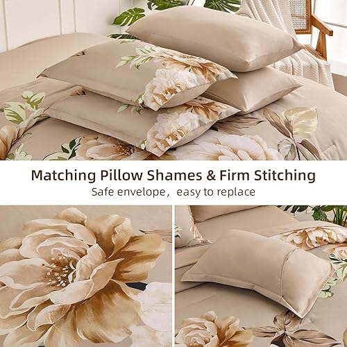Miniatura 6 de Drucon Juego de edredón floral tamaño Queen de 7 piezas en una bolsa, juego de ropa de cama floral caqui, edredón de microfibra suave y juego de