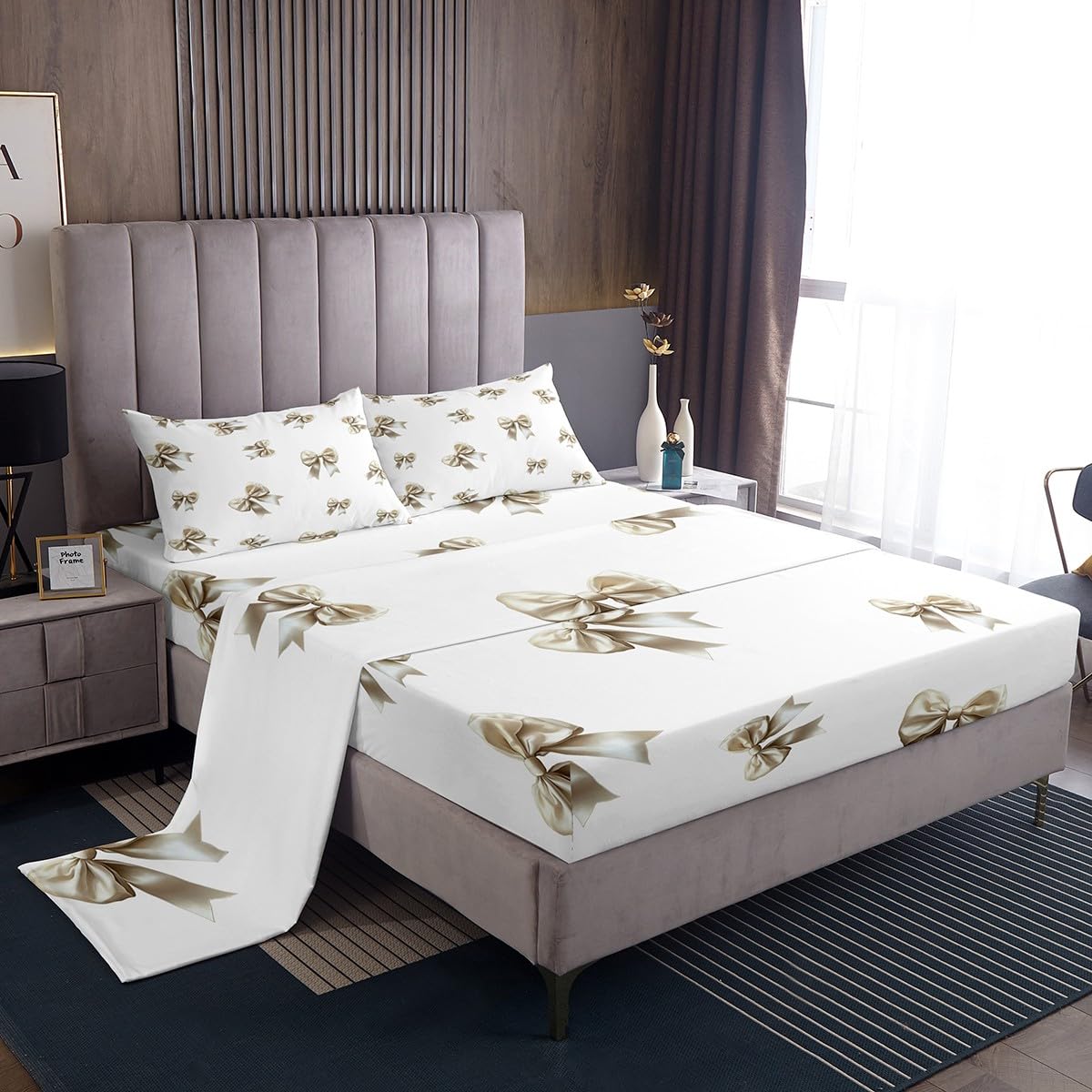 jejeloiu Beige White Bow Fitted Sheet for Girls Boys Kids Twin Size Lovely Bowknot Bed Sheets Set Room Decor Cute Bedding Set 3Pcs Breathable Soft Lightweight