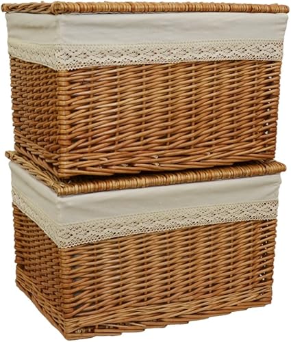 暖色系 天然素材 フタ 付き かご 収納 バスケット レース Lサイズ 2個