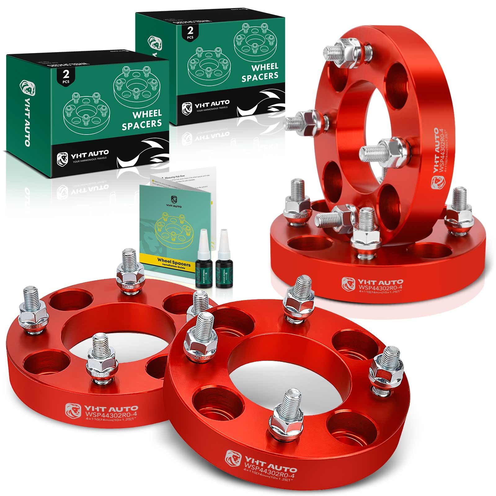 YHTAUTO 4X110mm Wheel Spacers 1 Inch Fits Honda, Suzuki, Can-Am, Bombardier, Kawasaki, Polaris, Yamaha Models, Grizzly, FourTrax Tire Spacers w/ M10x1.25 Studs, 74mm Hub Bore 4 Lug 4PCS Red Adapters