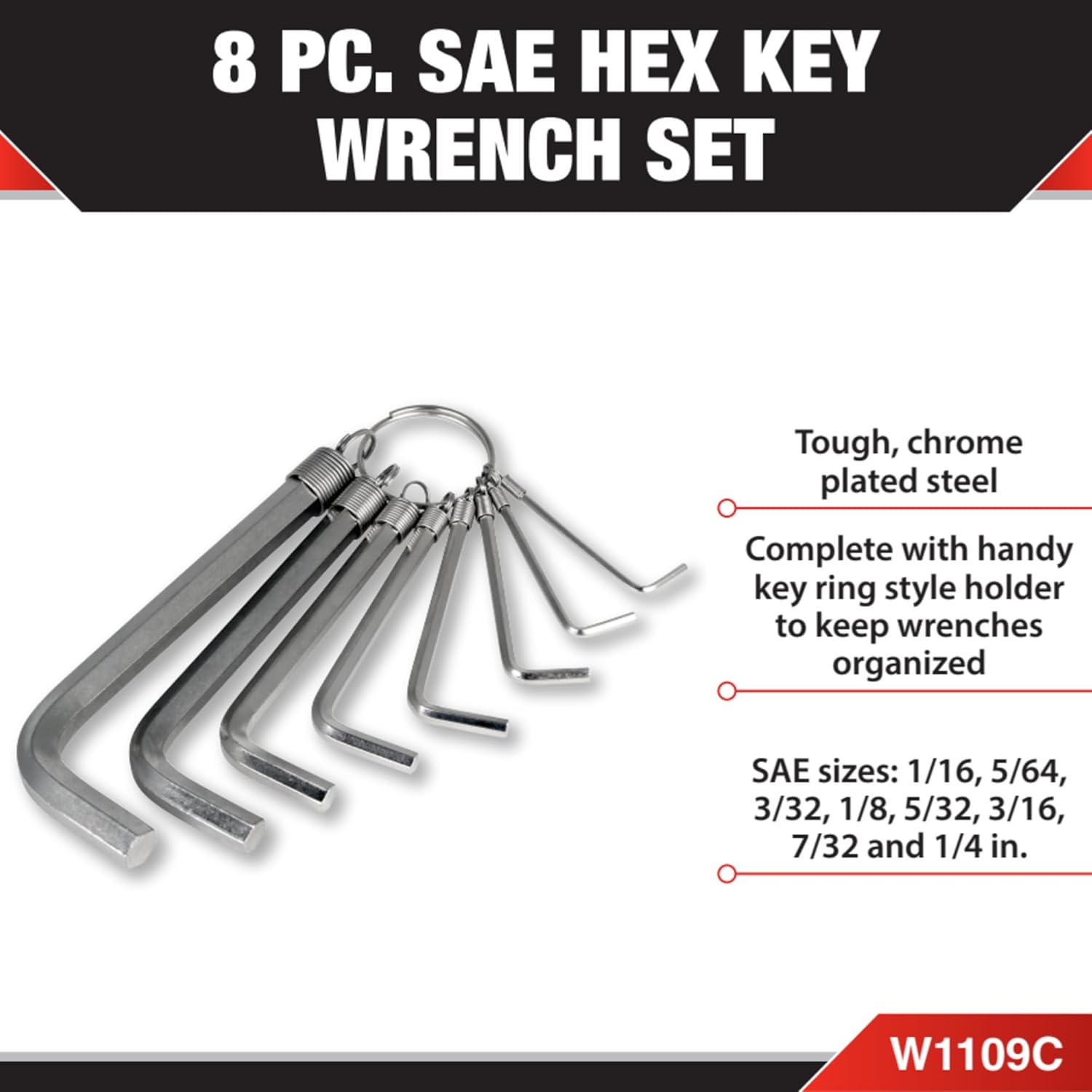 Performance Tool W1109C SAE Hex Key Set with Key Ring Holder - Chrome Plated Steel - 8-Piece Set in Sizes from 1/16 to 1/4-Inch