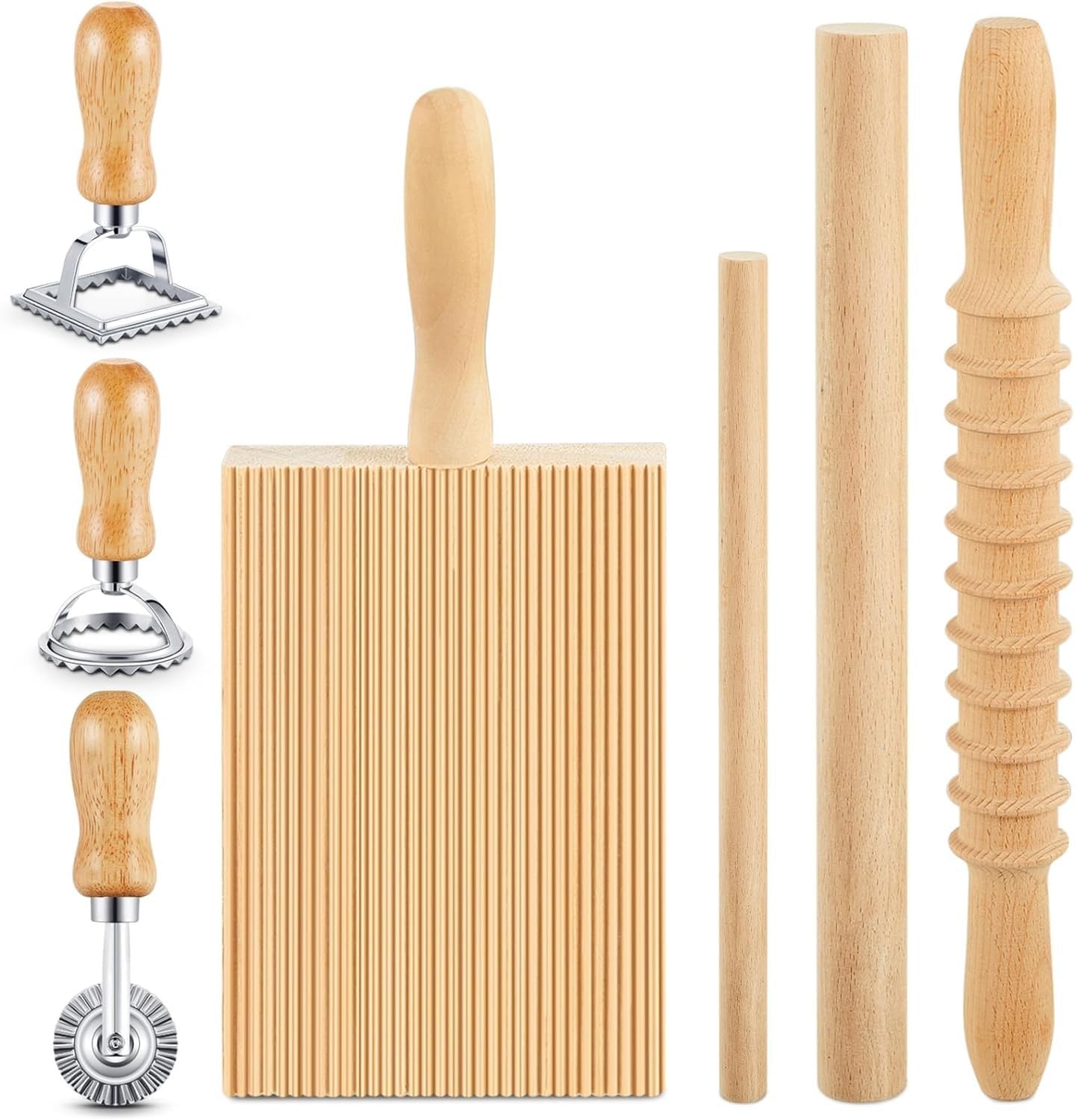 NALACAL 7-Piece Pasta Making Tool Set - Wooden Gnocchi Board, Cutter, Rolling Pin, Roller, 3 Ravioli Stamp Cutters - Perfect for Italian Pasta & Gnocchi