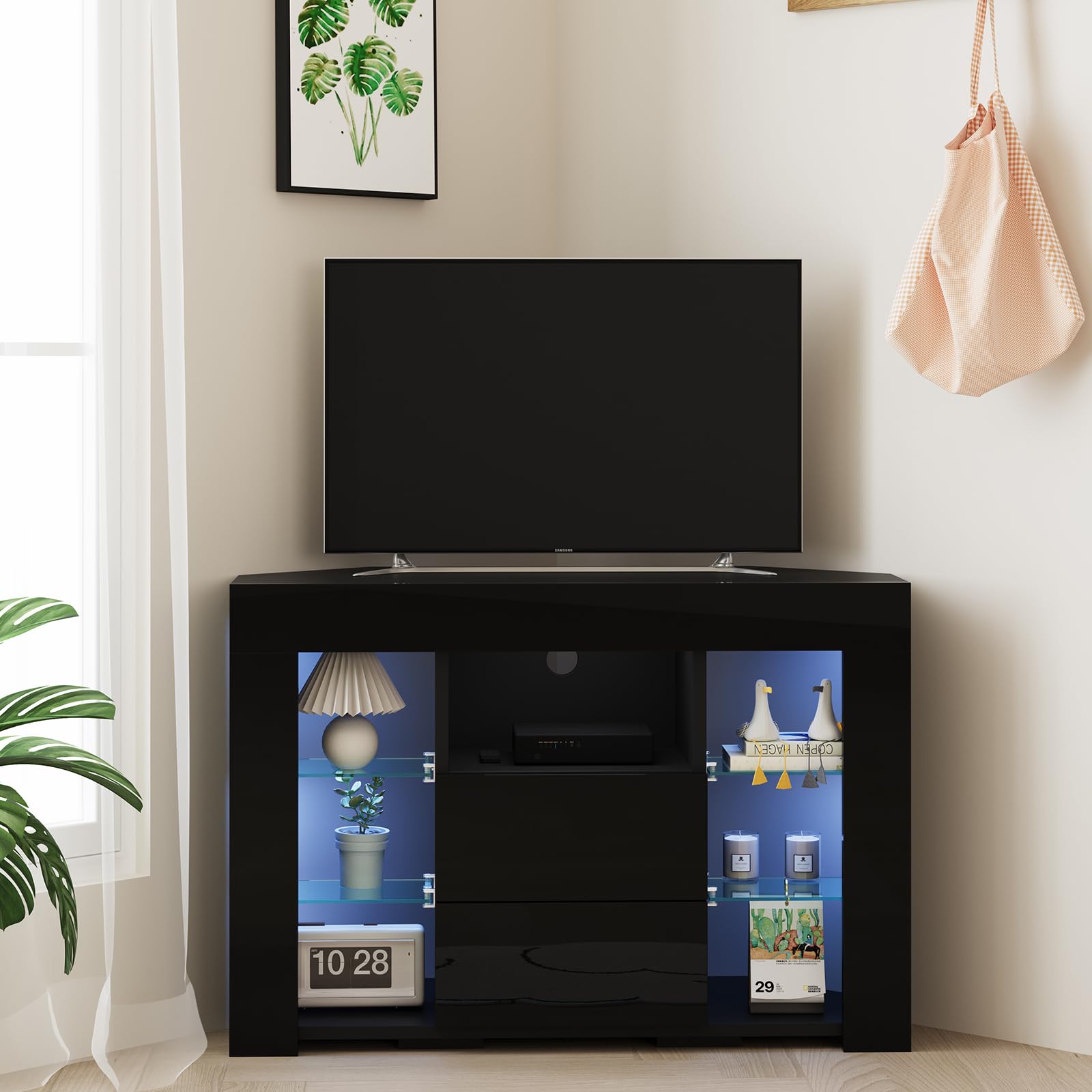 Dripex Mobile TV ad Angolo con Luci LED, Mobile Porta Televisore con Ripiani di Vetro Aperti, 2 Scomparti con Ante 100x68x40 cm, Nero