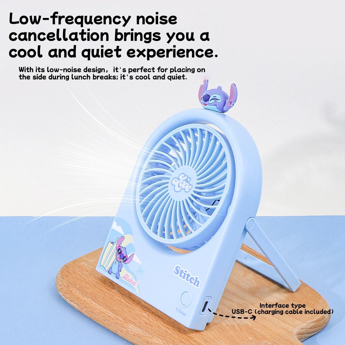 MINISO Stitch Folding Small Fan Cute Cartoon Design Portable USB Rechargeable 5-speed Wind Power Personal Cooling Fan Suitable for Home Office Travel Outdoors