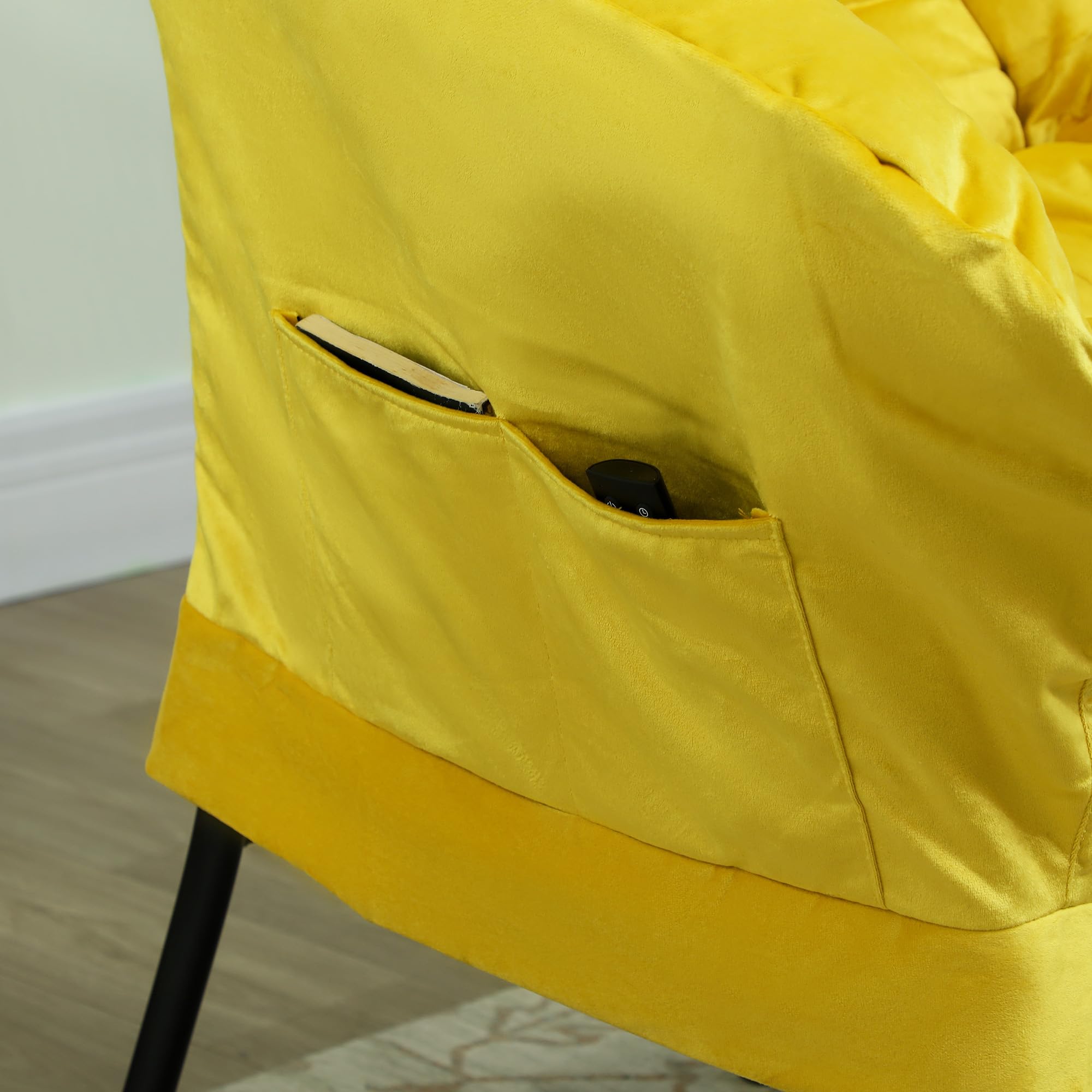 HOMCOM Sillón de Salón con Reposapiés Sillón de Relax Butaca para Dormitorio con Bolsillos Laterales y Patas de Acero para Sala de Estar Amarillo