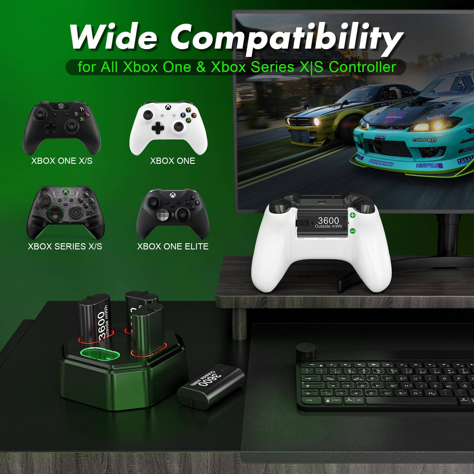 Confezione da 4 batterie ricaricabili per controller Xbox, dock di ricarica con 4 batterie NiMH da 3600 mWh per controller wireless Xbox One/Xbox Series X|S, Xbox One S/X/Elite