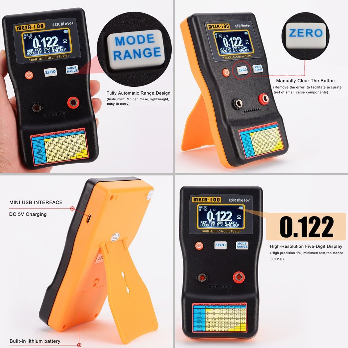 Medidor De Capacitancia, ESR Probador De Capacitancia, MESR-100 Probador De Condensadores De Resistencia Medidor De Ohmios Bajos, 0.001-100R Rango Automático En Circuito Medidor De ESR