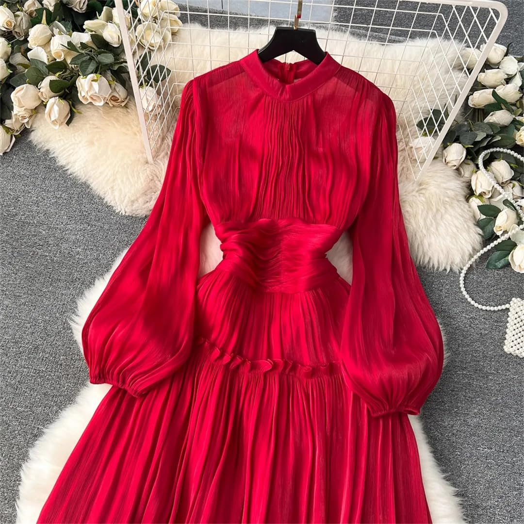 Vsadsau Abito da donna tinta unita plissettato colletto alla coreana manica lunga A-Line Zipper Maxi abiti