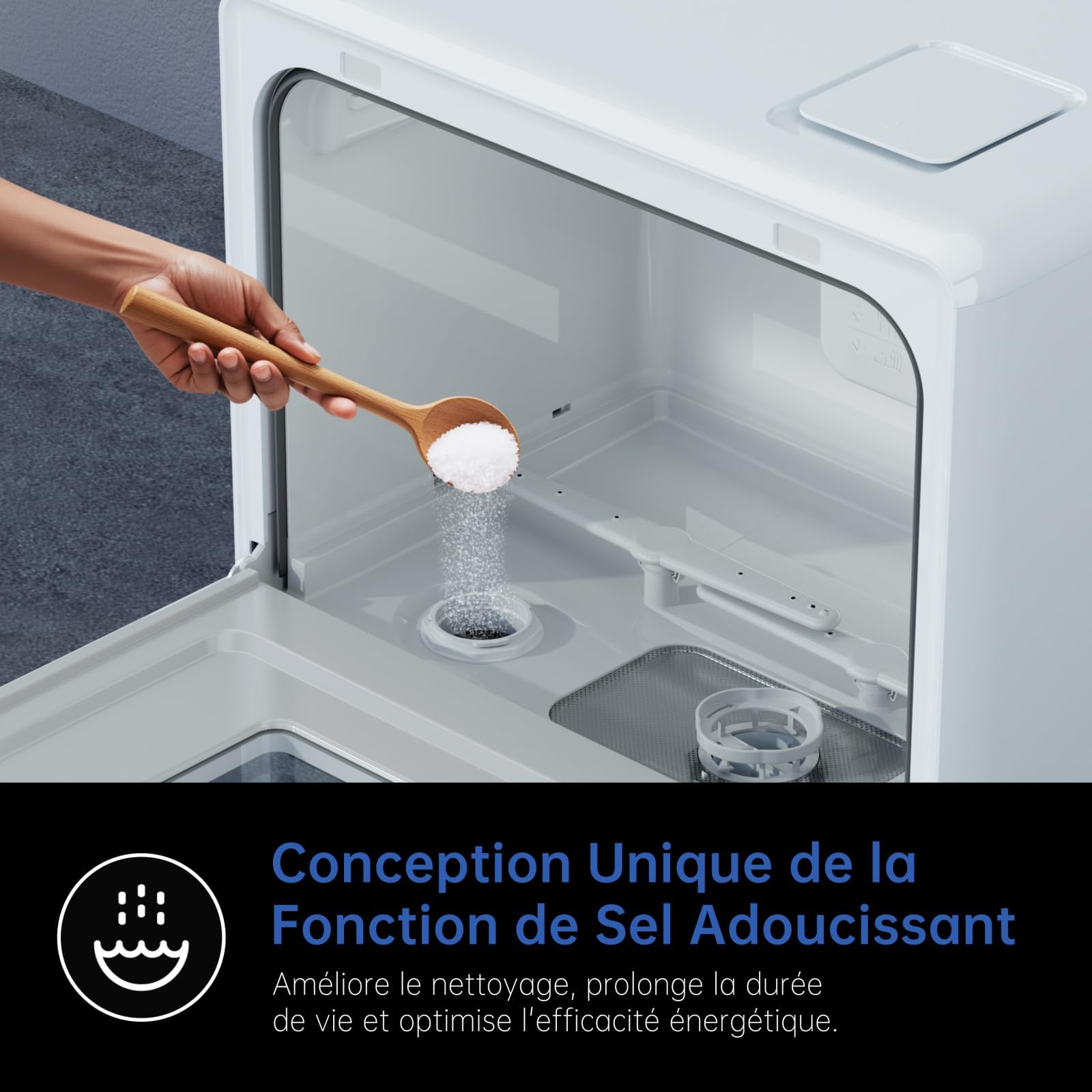 AIRMSEN Lave-vaisselle de Table Mini 7+2 Programmes Fonction Sel Adoucissant Commande Tactile Affichage LED Réservoir 5L Compact Appartements Dortoirs
