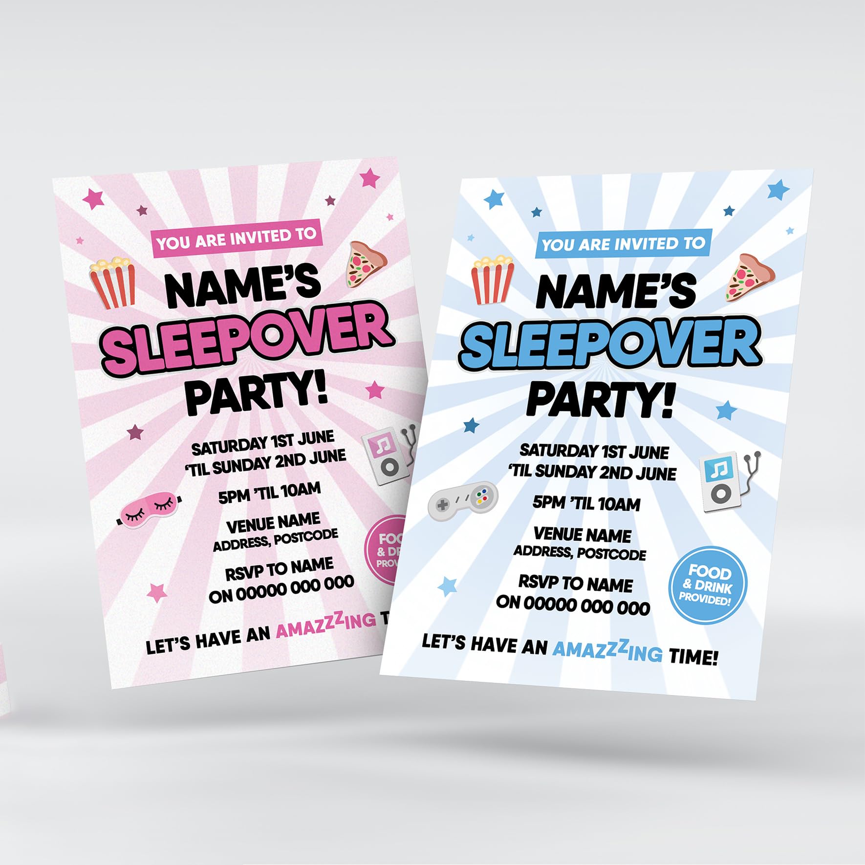MJ DESIGN & PRINT Personalised Sleepover Party Invitations & Thank You Cards, Slumber, Sleep, Boys, Girls, Kids, Blue, Pink