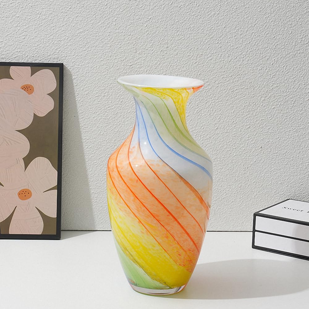 Magcolor Hand Blown Rainbow Oval Murano-Style Art Glass Vase - 11.8" Tall，Wide Mouth Colorful Glass Vase for Mantle Dining Table Centerpiece, Entryway Living Room Wedding Decoration.