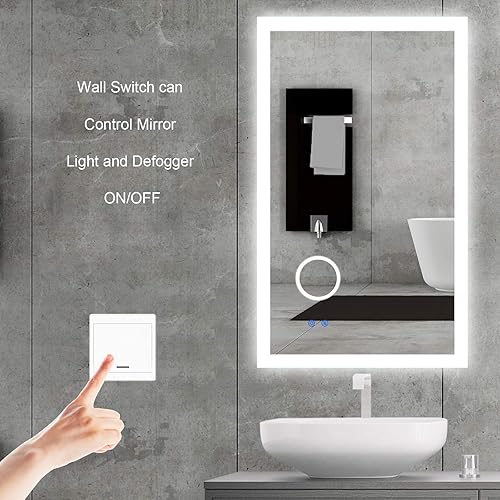 Miniatura 5 de BBE Espejo de baño retroiluminado LED, espejo antivaho para maquillaje, con lupa de 3 veces, luz regulable, interruptor táctil, montado en la pared