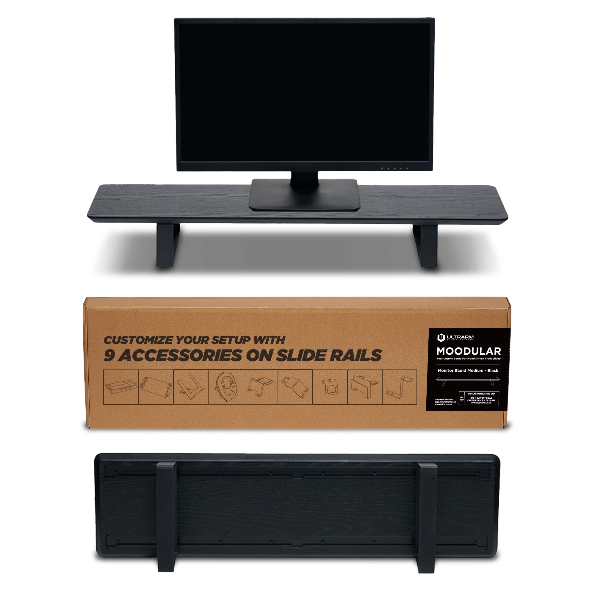 ULTRARM Moodular Wooden Monitor Stand 33.4” (85cm) Desk Organizer with Metal Slide Rails for Drawer, Tray, Laptop, Tablet, Phone & Headphones Customizable Riser for Organized Workspace Black MS85-B