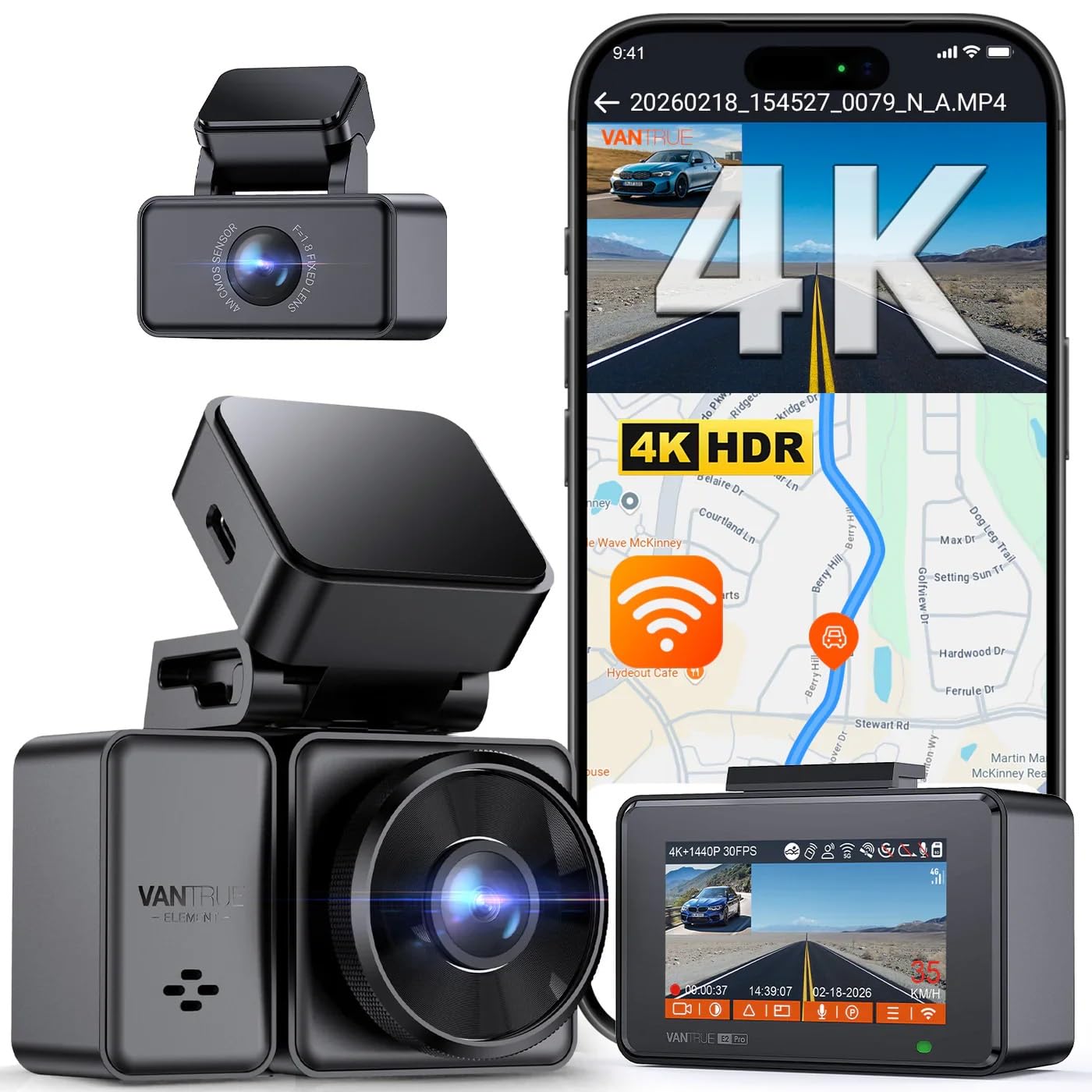 Vantrue Element2 Pro 4K UHD + 2.5K QHD 5Ghz Wi-Fi Araç İçi…