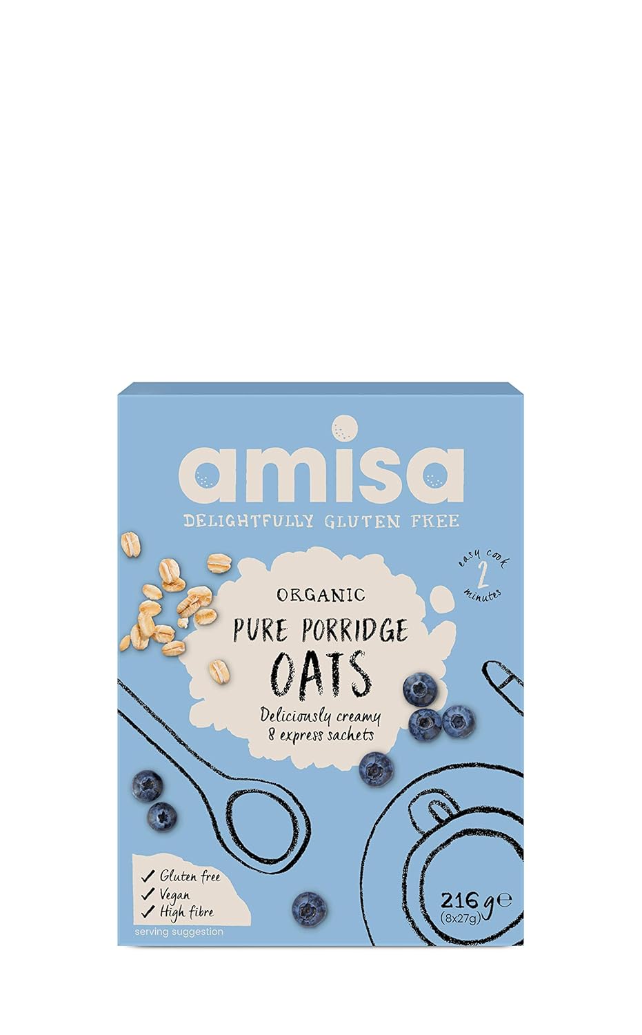 Amisa Organic Gluten Free Pure Porridge Oats Express Sachets 8 x 27g - Pack of 2