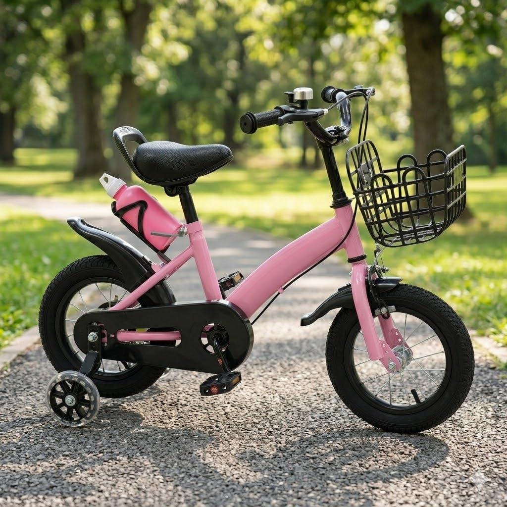 Bicicletta per bambini da 12 pollici a partire dai 2 ai 5 anni, manubrio e sedile regolabili in altezza, bicicletta per bambini con ruote di supporto, cestino e bottiglia d'acqua, colore rosa, robusta