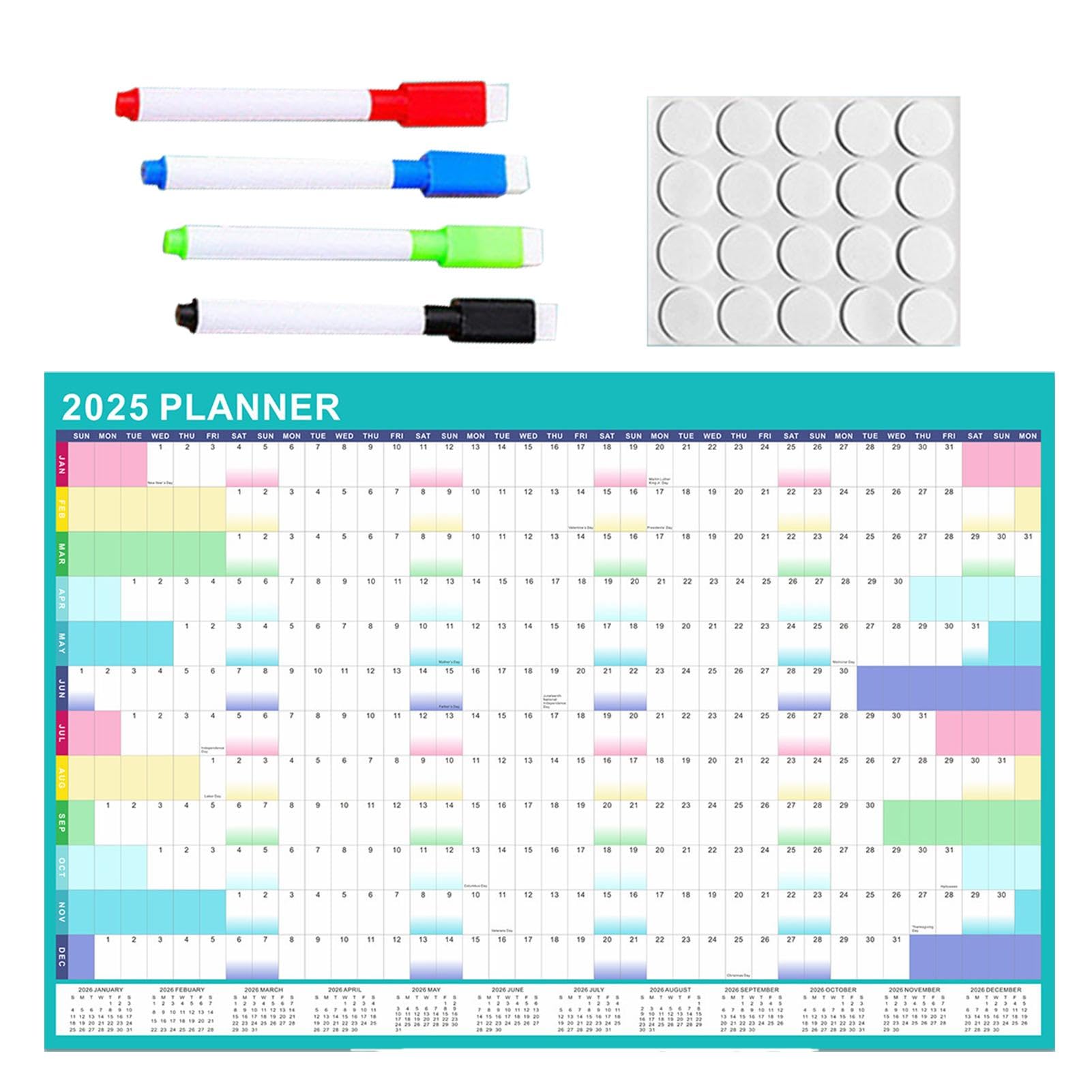 Calendrier Mural Effaçable 2025 - 12 Mois Avec Marqueurs - Réutilisable - 88x59cm - Planification Facile