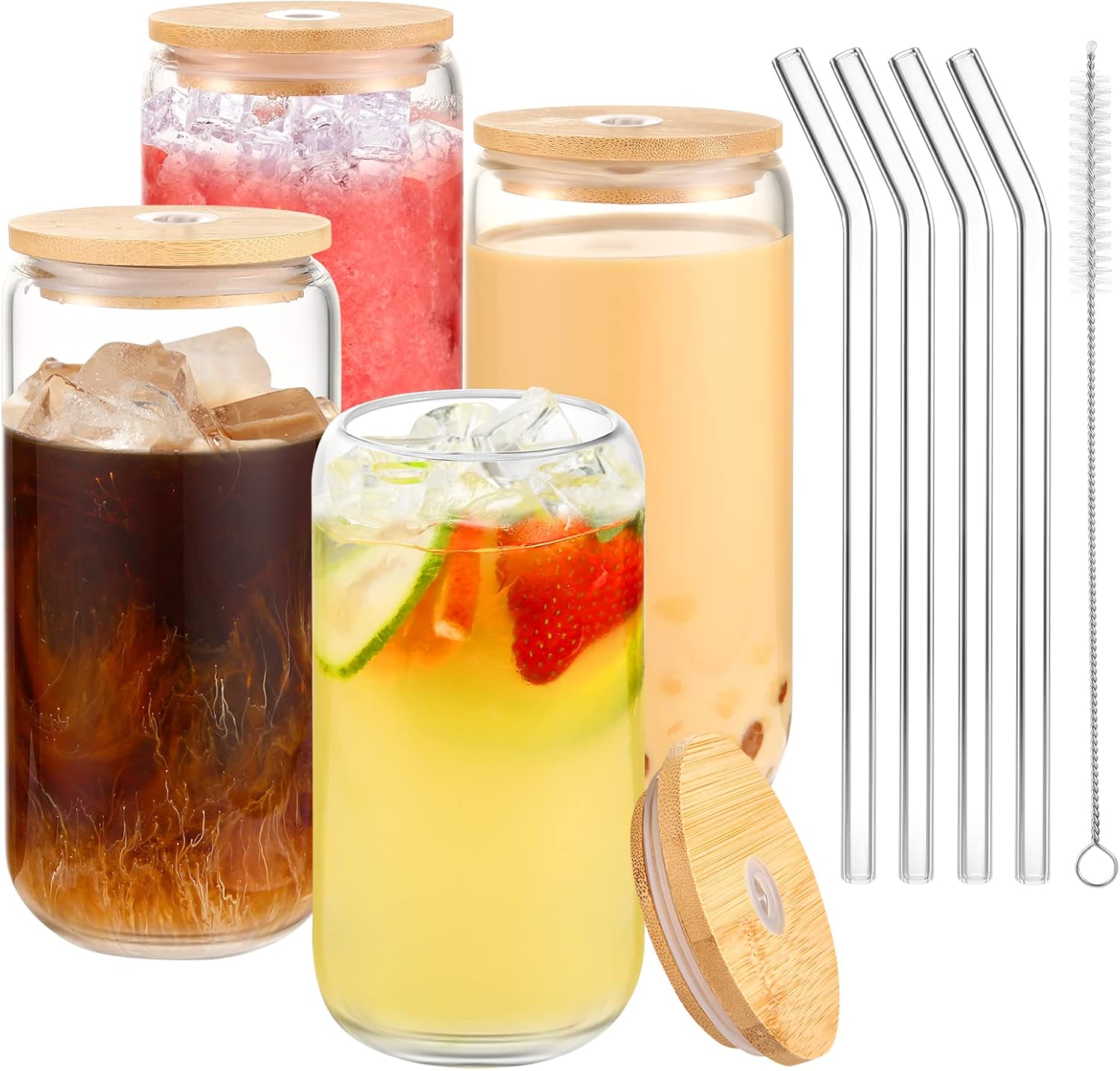 Oberitiny Drinking Glasses with Bamboo Lids and Glass Straws, 17OZ Can