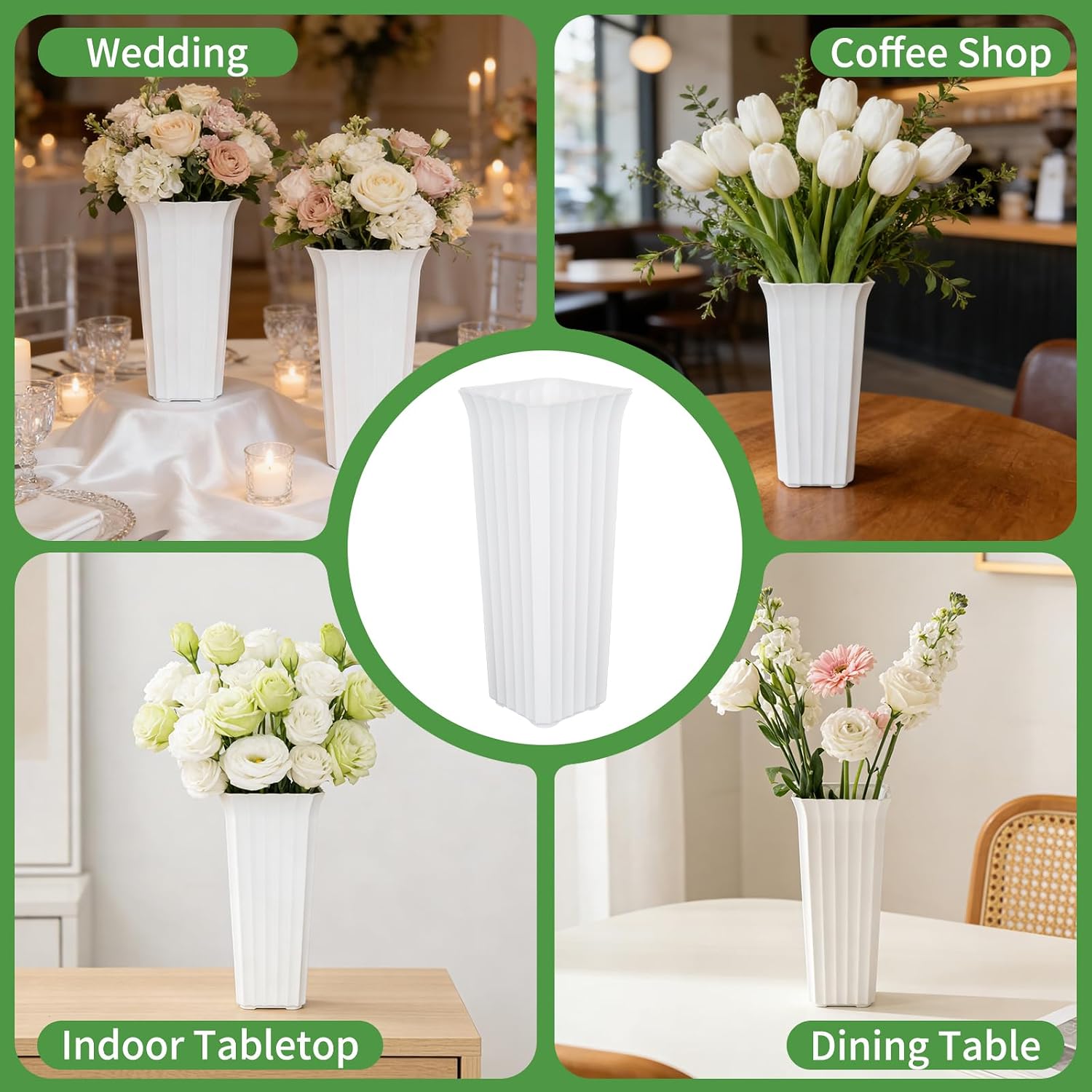 Flower Buckets for Cut Flowers, Stripes Floral Buckets Modern Square Vases for Centerpieces Display, Elegant Decorative Plastic Vases for Home Office Centerpiece Wedding Decoration (White 12inch)