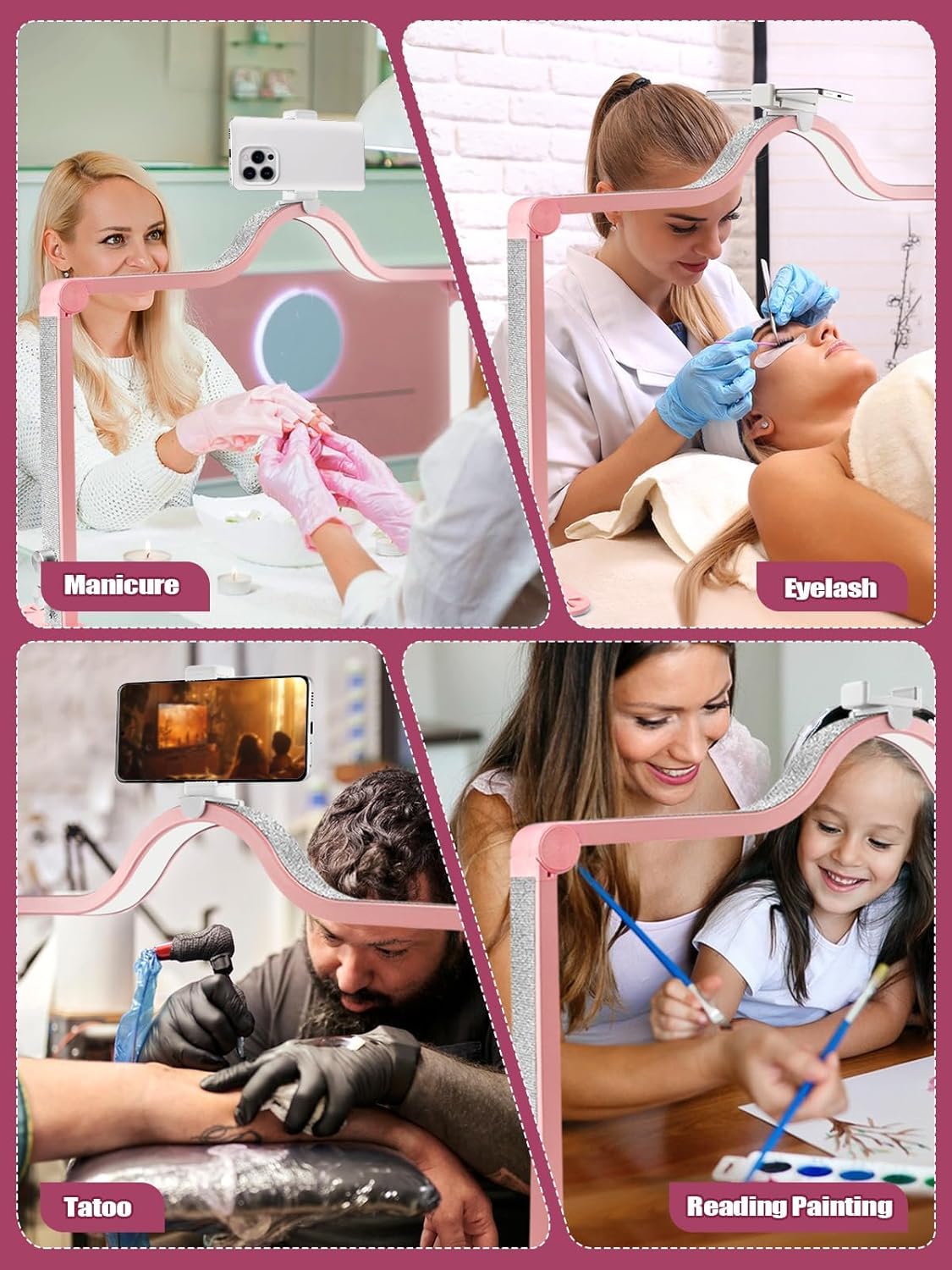 Kalolary Half Moon Light for Nail Desk, Foldable Arch Light Nail Techs Lamp with Phone Holder, 3000-6000K Brightness Adjustable LED Lash for Beauty, Eyelashes, Tattoos(Crystal Diamond),Pink