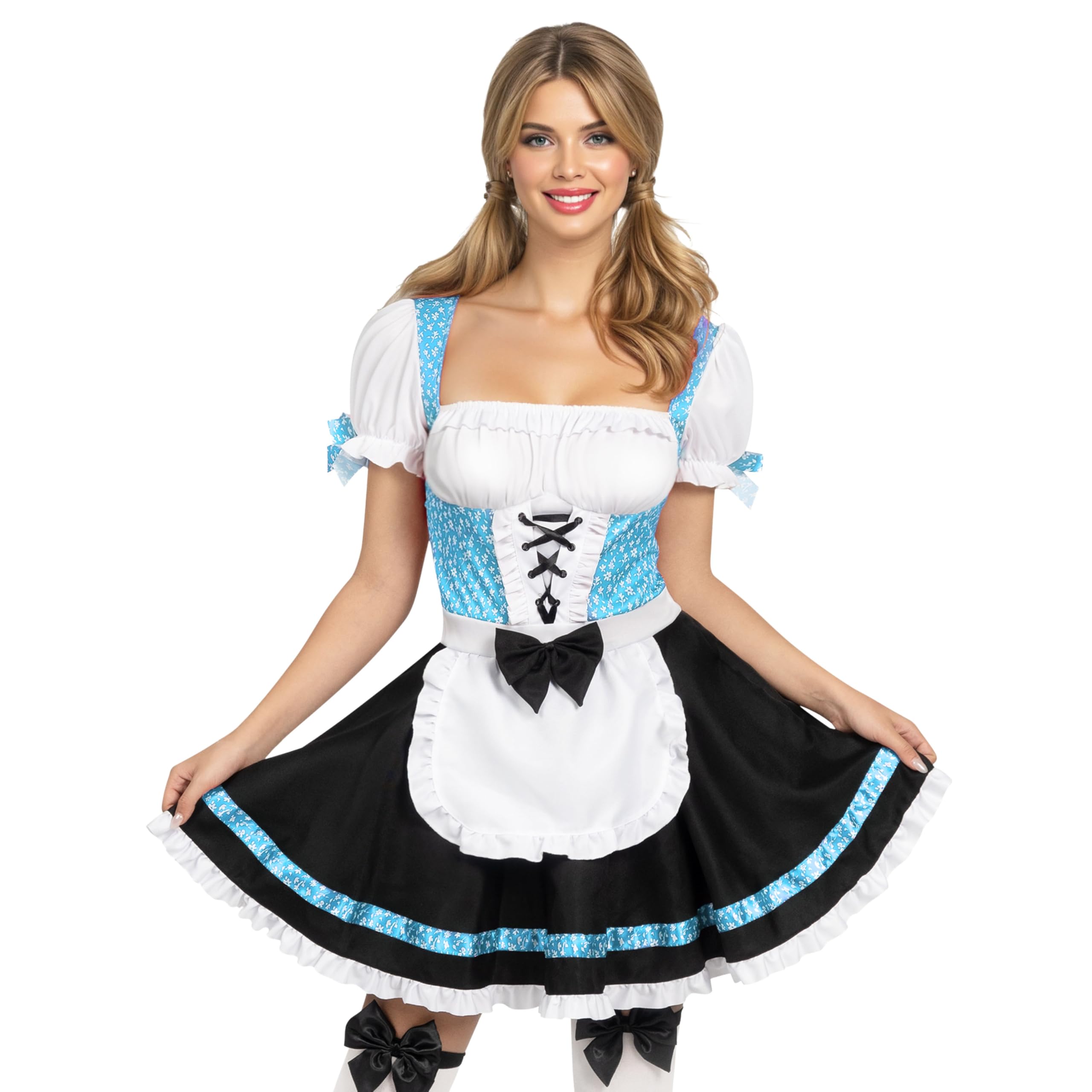 Spooktacular Creations Conjunto de disfraz de Oktoberfest alemán para mujer, vestido de niña de cerveza alemana negro y azul y medias altas L